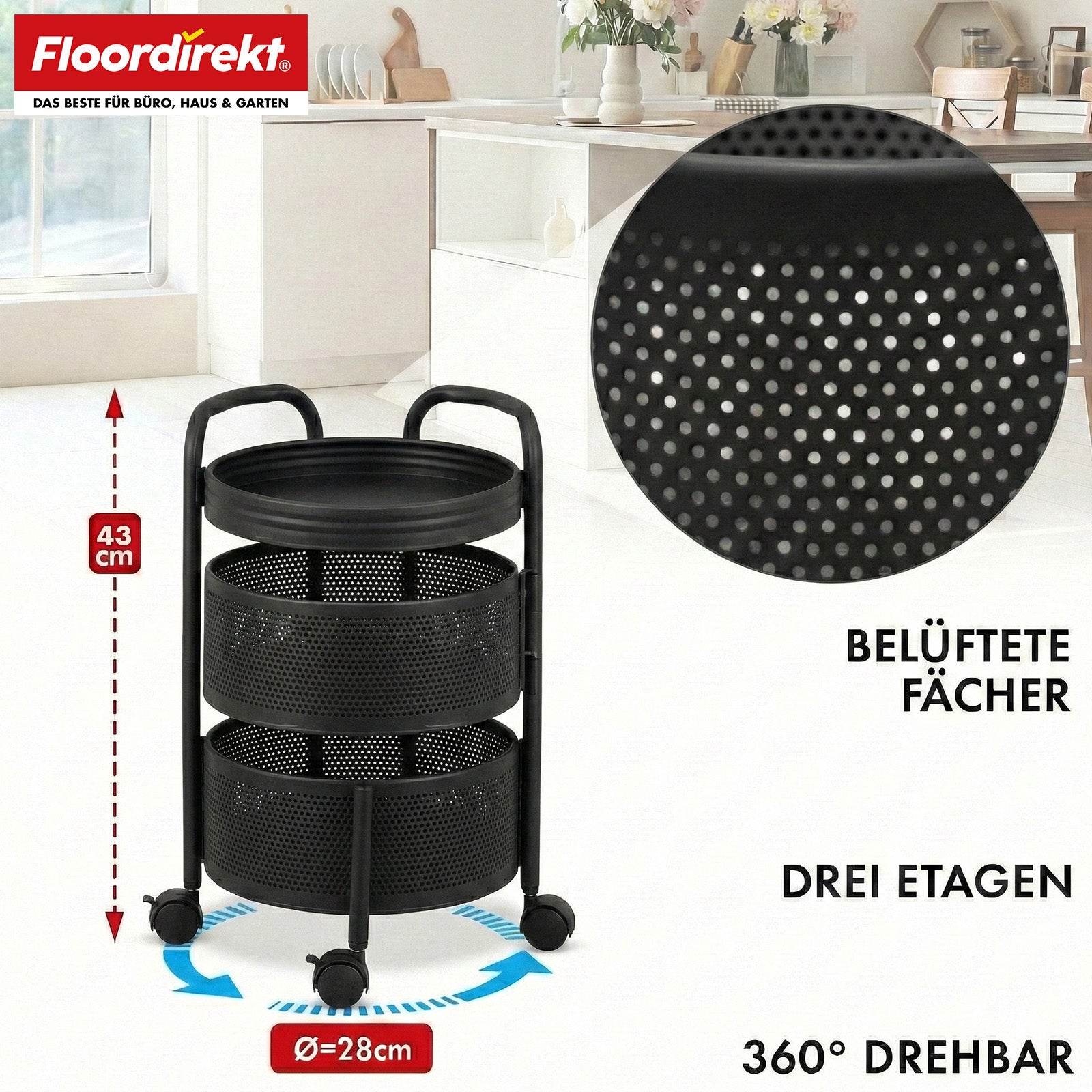 Rolling Cart | Henry | Steel Kitchen Trolley with Wheels | Serving Cart | 3 or 5 Tiers | White & Black