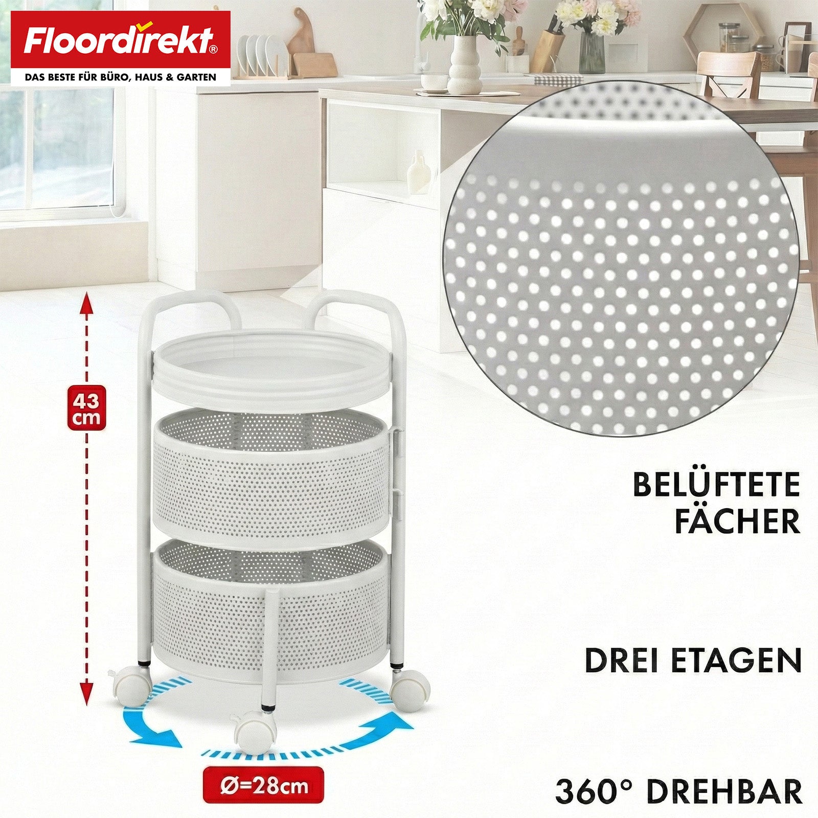 Rolling Cart | Henry | Steel Kitchen Trolley with Wheels | Serving Cart | 3 or 5 Tiers | White & Black