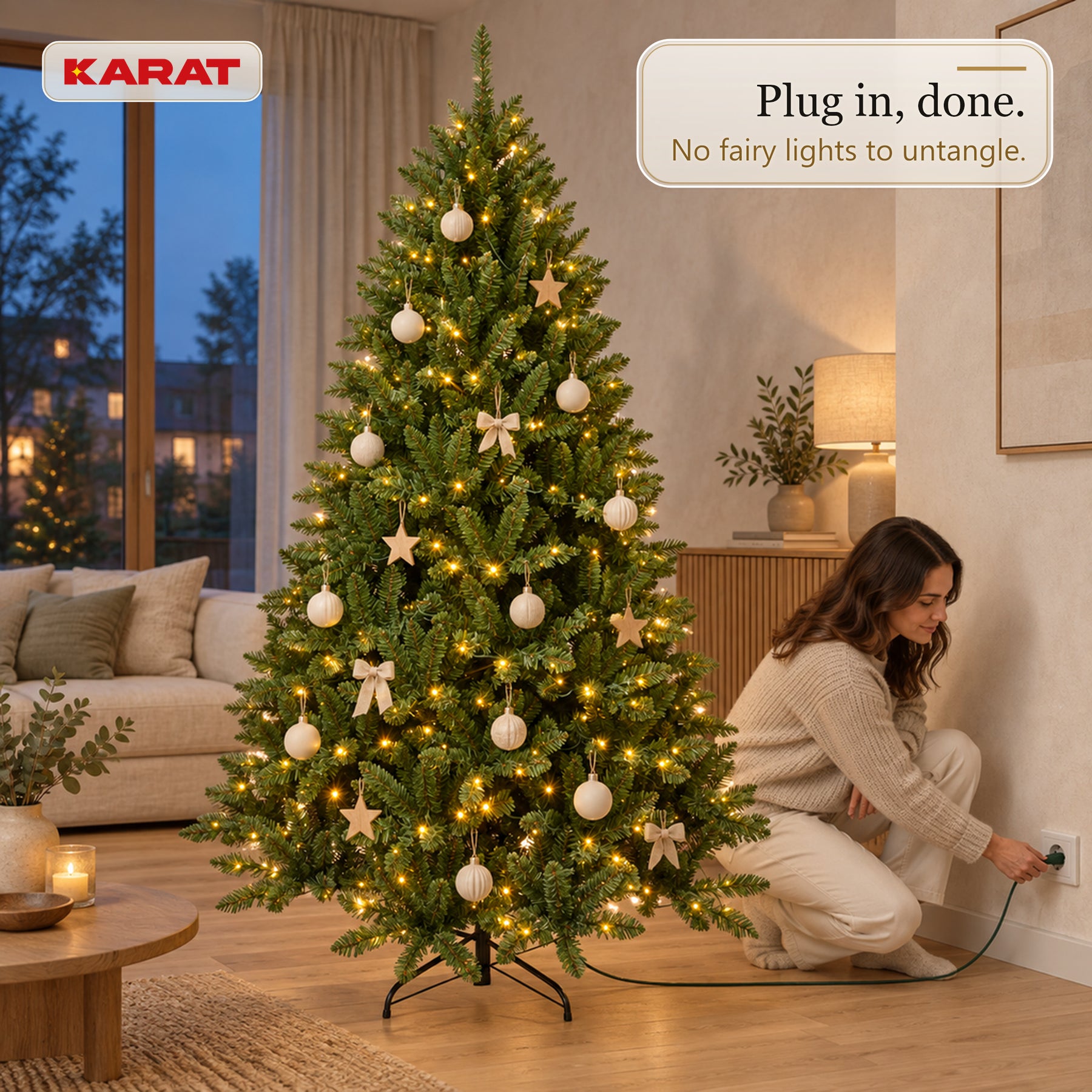 Sztuczna choinka z oświetleniem LED | Evergreen | Ciepłe białe LED & metalowy stojak | 150–240 cm