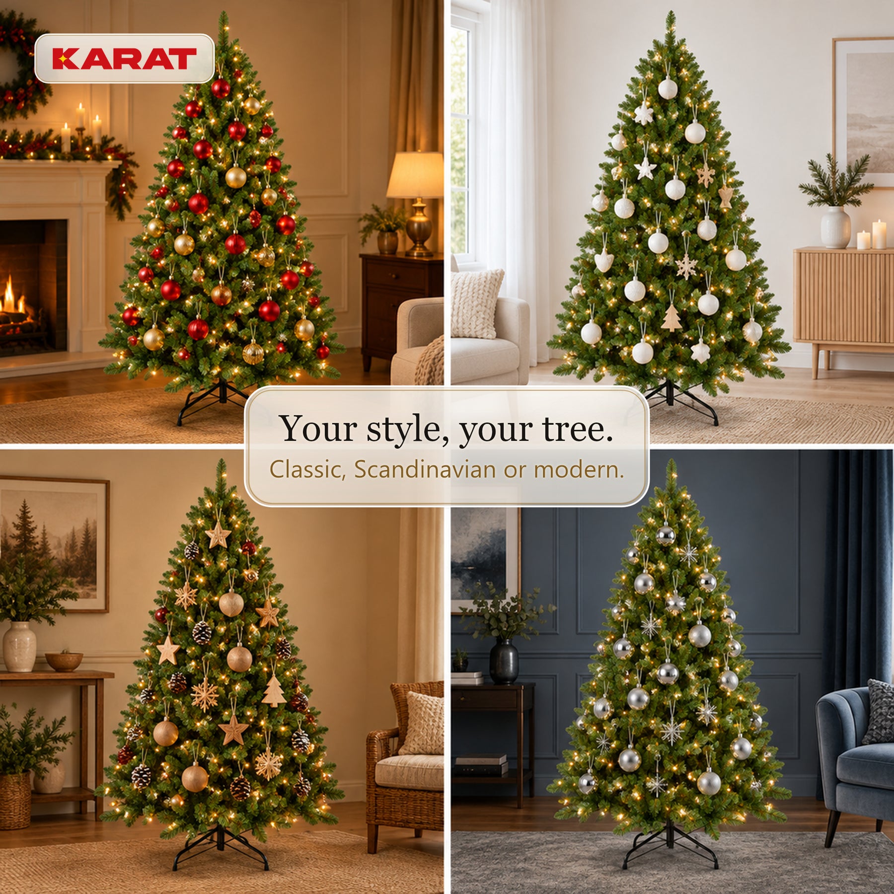 Sztuczna choinka z oświetleniem LED | Evergreen | Ciepłe białe LED & metalowy stojak | 150–240 cm