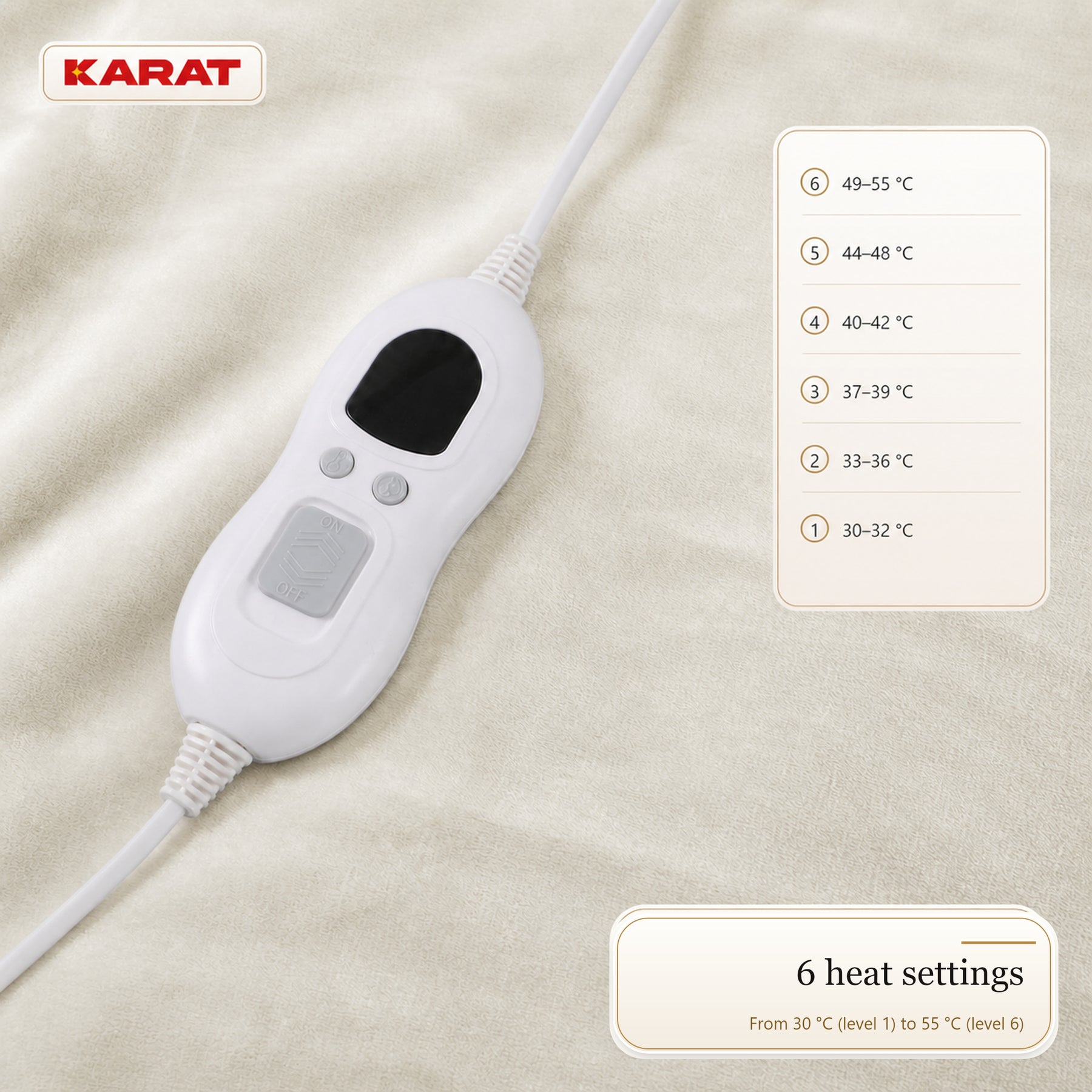 Electric Heated Blanket | Borea | 6 Heat Settings up to 55 °C, LCD Controller & Timer | 3 Sizes & 7 Colours