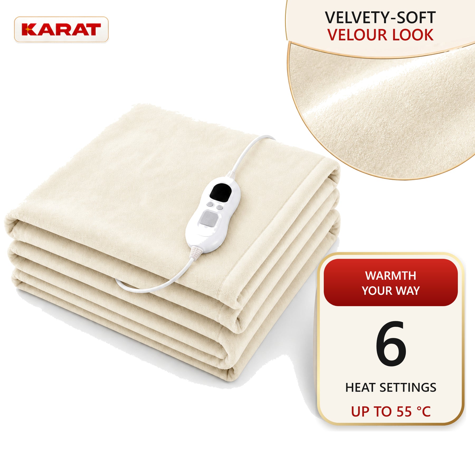 Electric Heated Blanket | Borea | 6 Heat Settings up to 55 °C, LCD Controller & Timer | 3 Sizes & 7 Colours