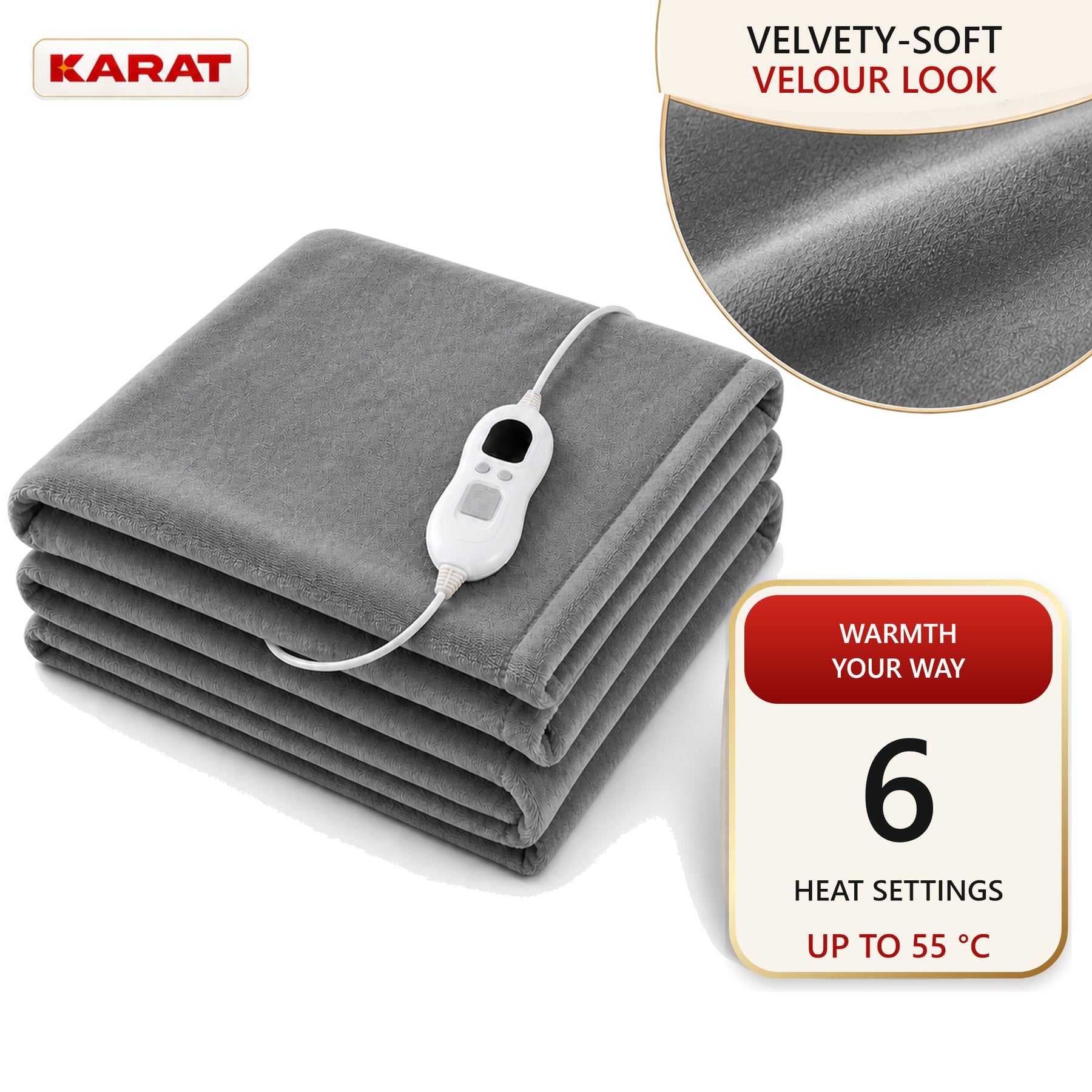 Electric Heated Blanket | Borea | 6 Heat Settings up to 55 °C, LCD Controller & Timer | 3 Sizes & 7 Colours