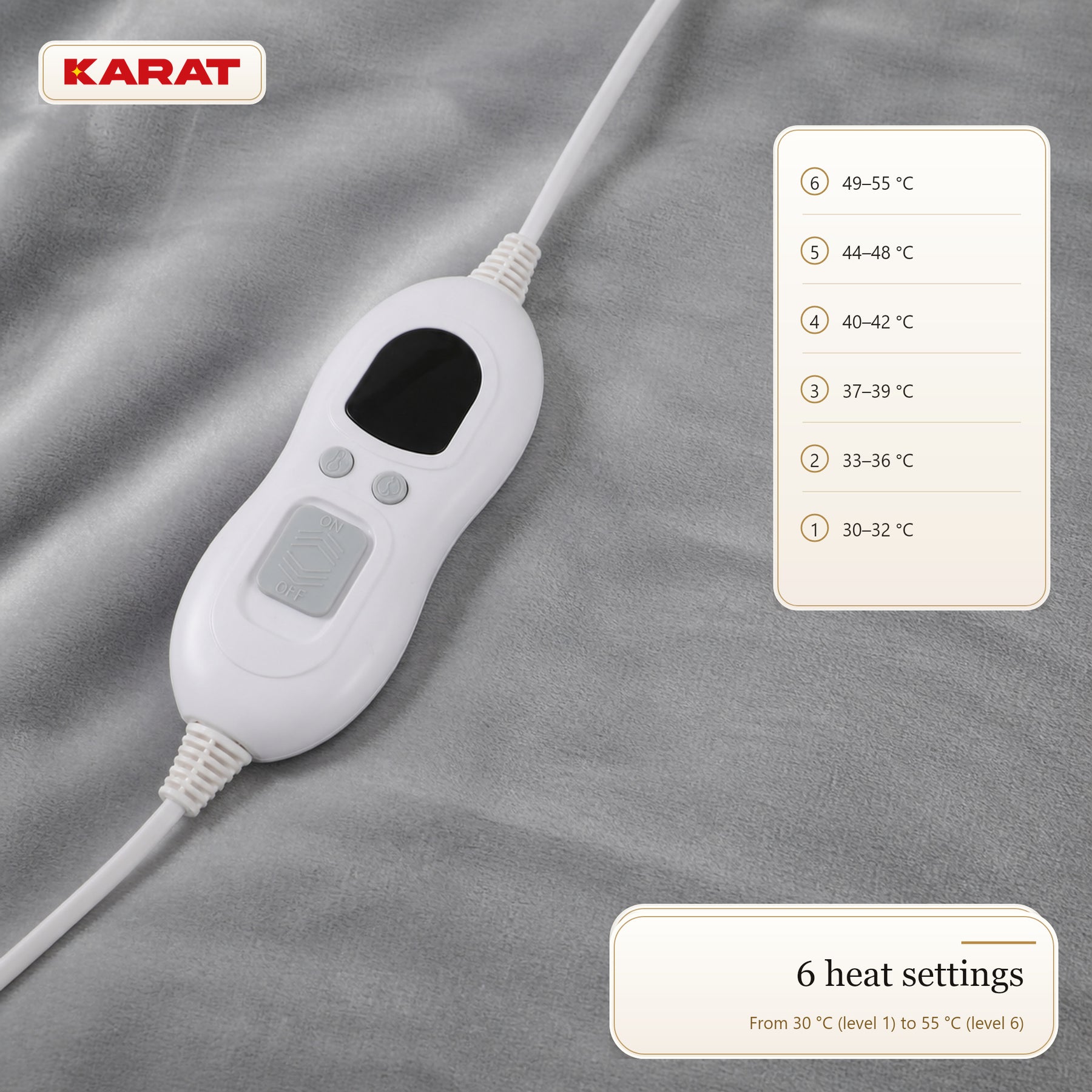 Electric Heated Blanket | Borea | 6 Heat Settings up to 55 °C, LCD Controller & Timer | 3 Sizes & 7 Colours