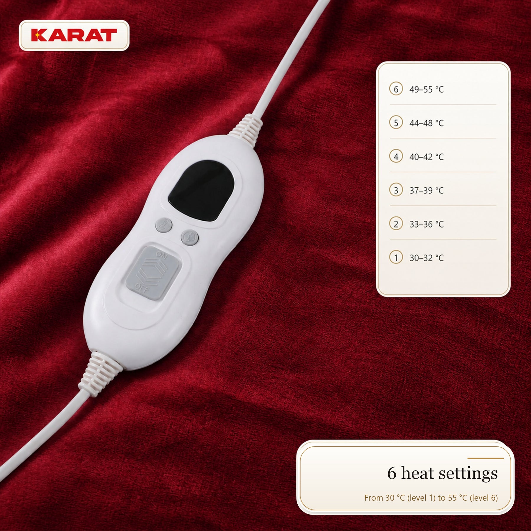Electric Heated Blanket | Borea | 6 Heat Settings up to 55 °C, LCD Controller & Timer | 3 Sizes & 7 Colours