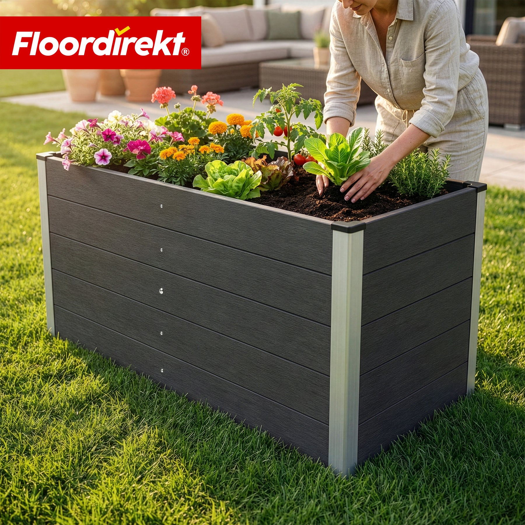 WPC Raised Garden Bed | Delos | 150 x 70 x 75 cm | Extra Stable with Support Bar | Anthracite | Aluminum Corner Profiles