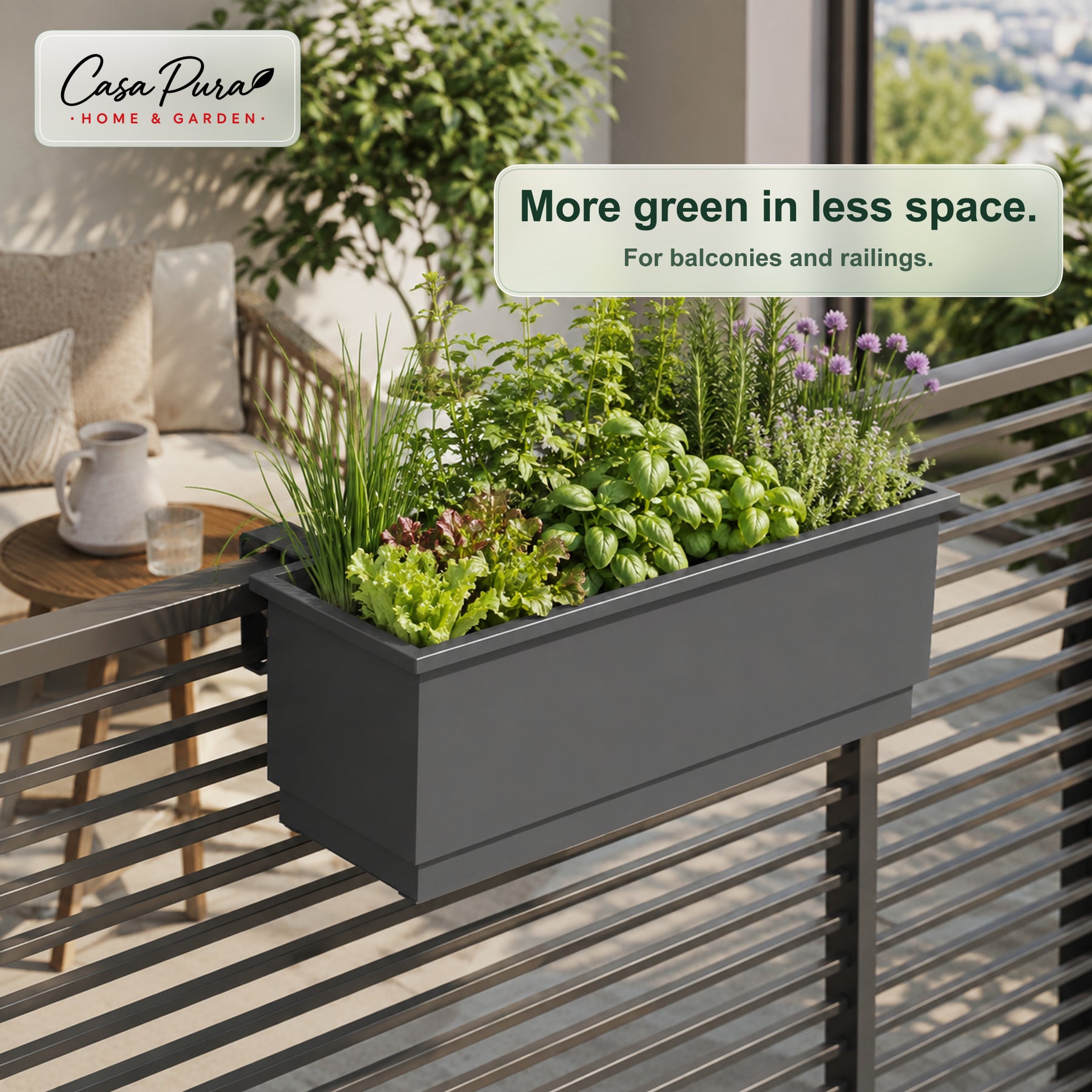 Balcony Planter | Viola | Metal Balcony Planter with Drain Tray for Balcony & Railing