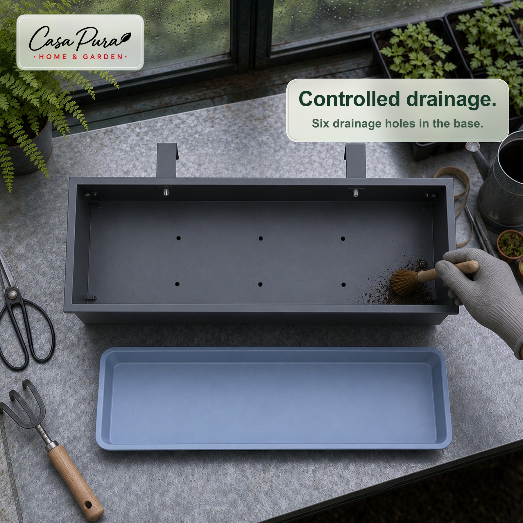 Balcony Planter | Viola | Metal Balcony Planter with Drain Tray for Balcony & Railing