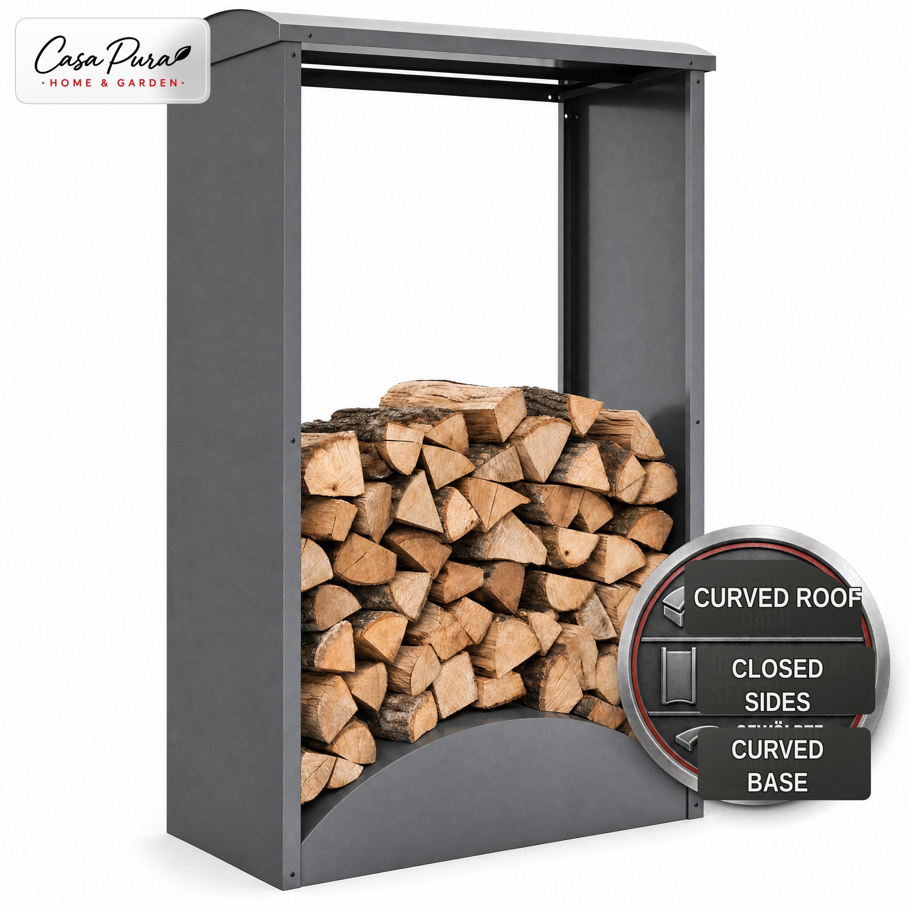 Firewood Rack | Alexis | Galvanised Steel Log Storage | Curved Roof | 98.4 × 52.4 × 160 cm
