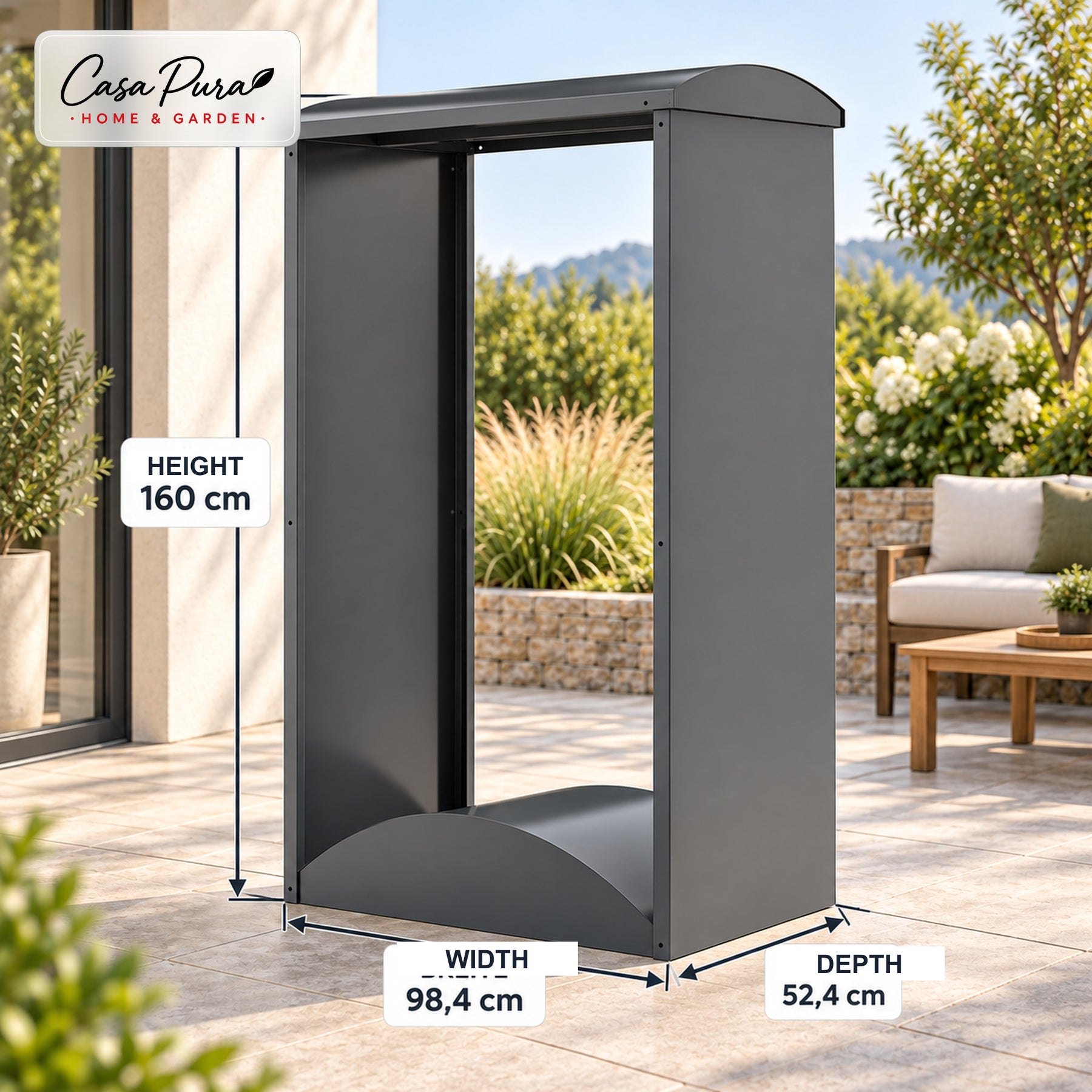 Firewood Rack | Alexis | Galvanised Steel Log Storage | Curved Roof | 98.4 × 52.4 × 160 cm