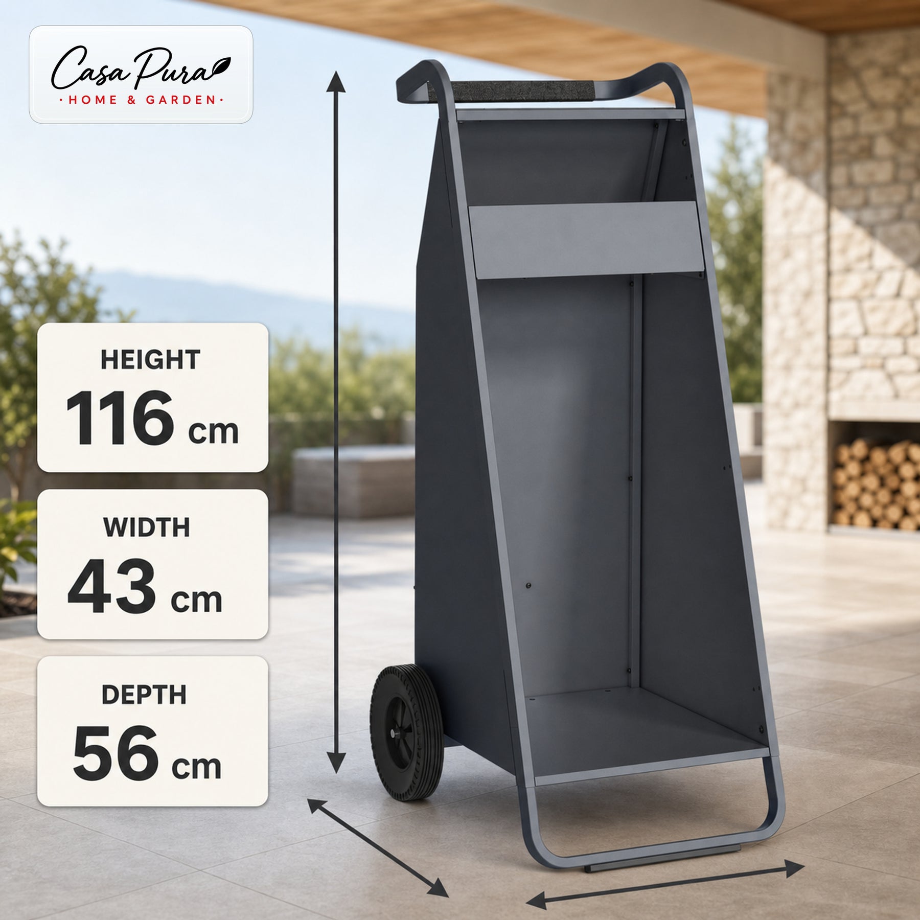 Firewood Rack | Paolo | Mobile Log Storage with 2 Wheels & Padded Handle | 43 × 56 × 116 cm