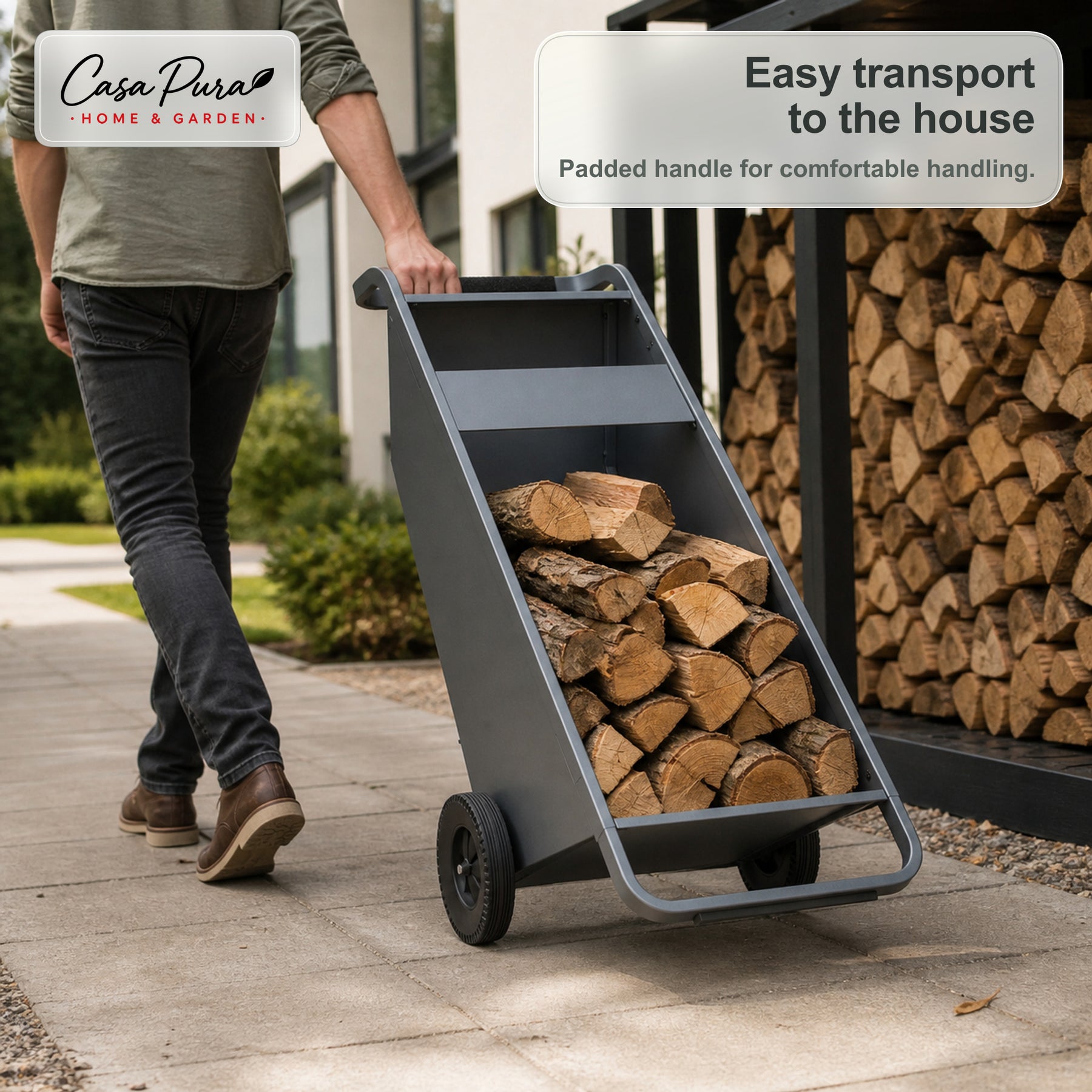 Firewood Rack | Paolo | Mobile Log Storage with 2 Wheels & Padded Handle | 43 × 56 × 116 cm