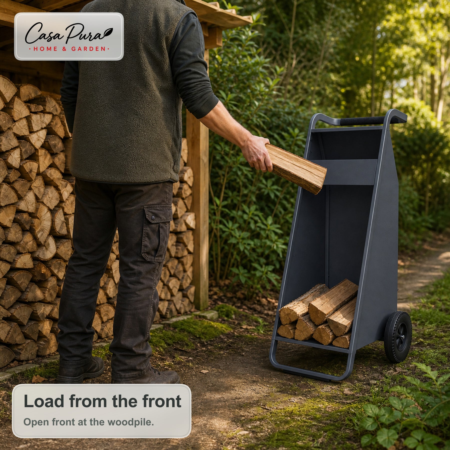 Firewood Rack | Paolo | Mobile Log Storage with 2 Wheels & Padded Handle | 43 × 56 × 116 cm