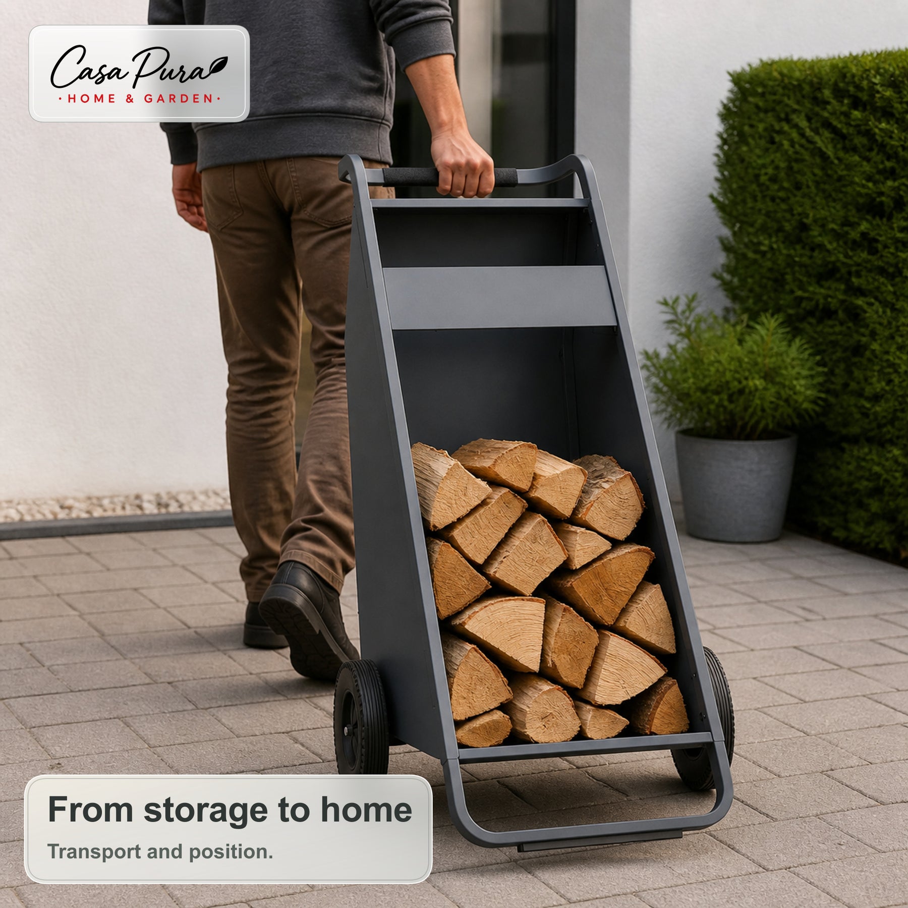 Firewood Rack | Paolo | Mobile Log Storage with 2 Wheels & Padded Handle | 43 × 56 × 116 cm