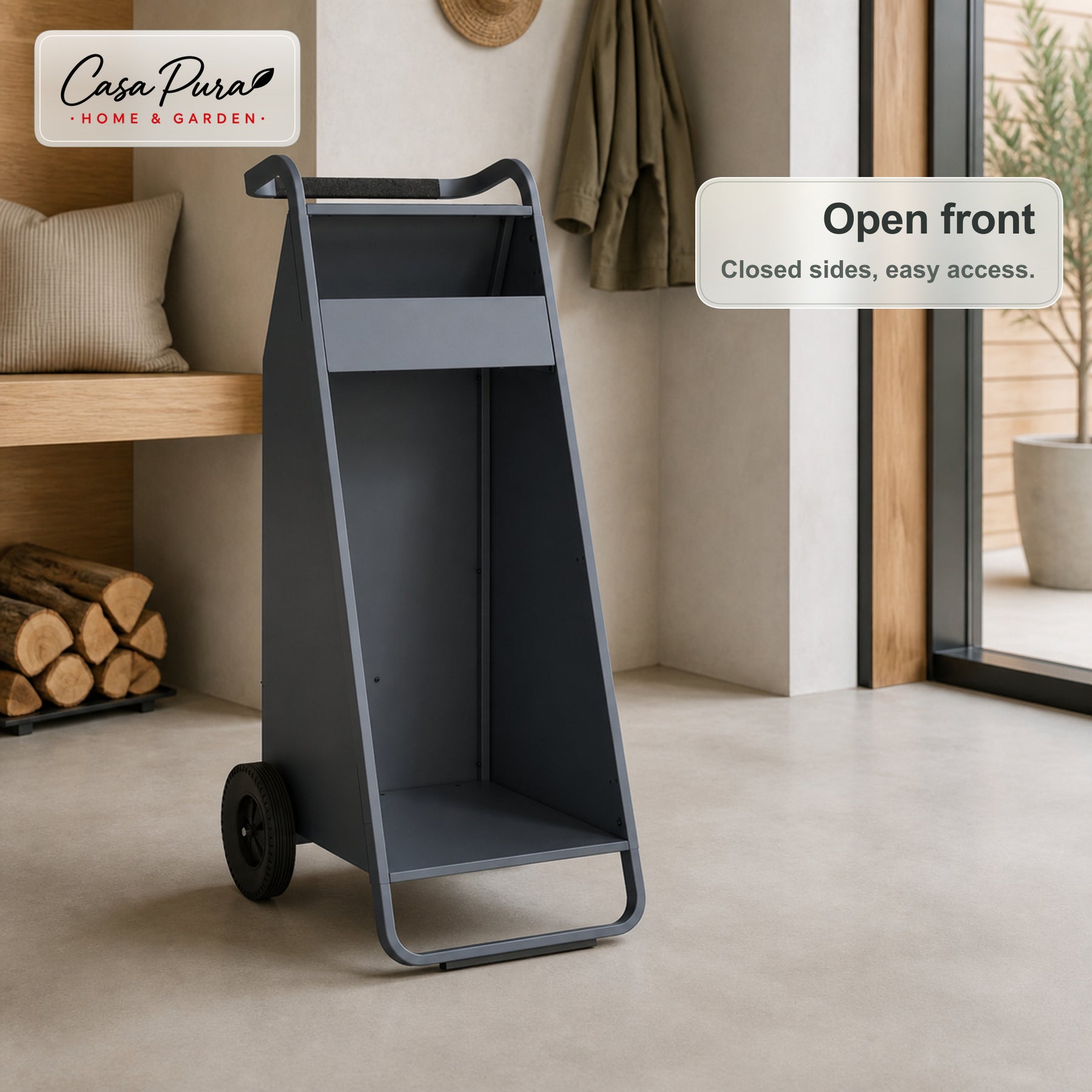 Firewood Rack | Paolo | Mobile Log Storage with 2 Wheels & Padded Handle | 43 × 56 × 116 cm
