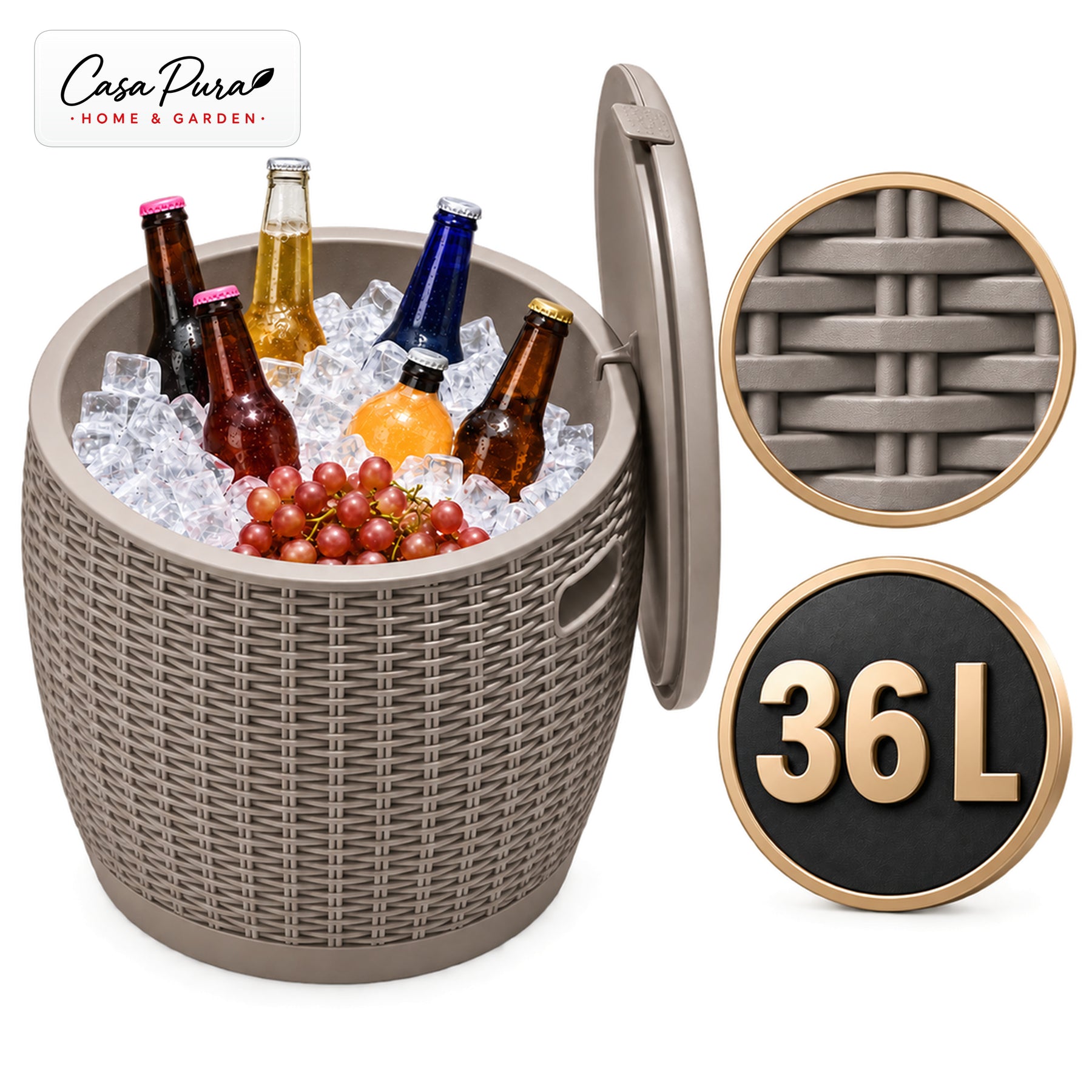 Drinks Cooler | Laguna | 36 L Ice Cooler with Seat & Side Table Function in Rattan Effect | 2 Colours