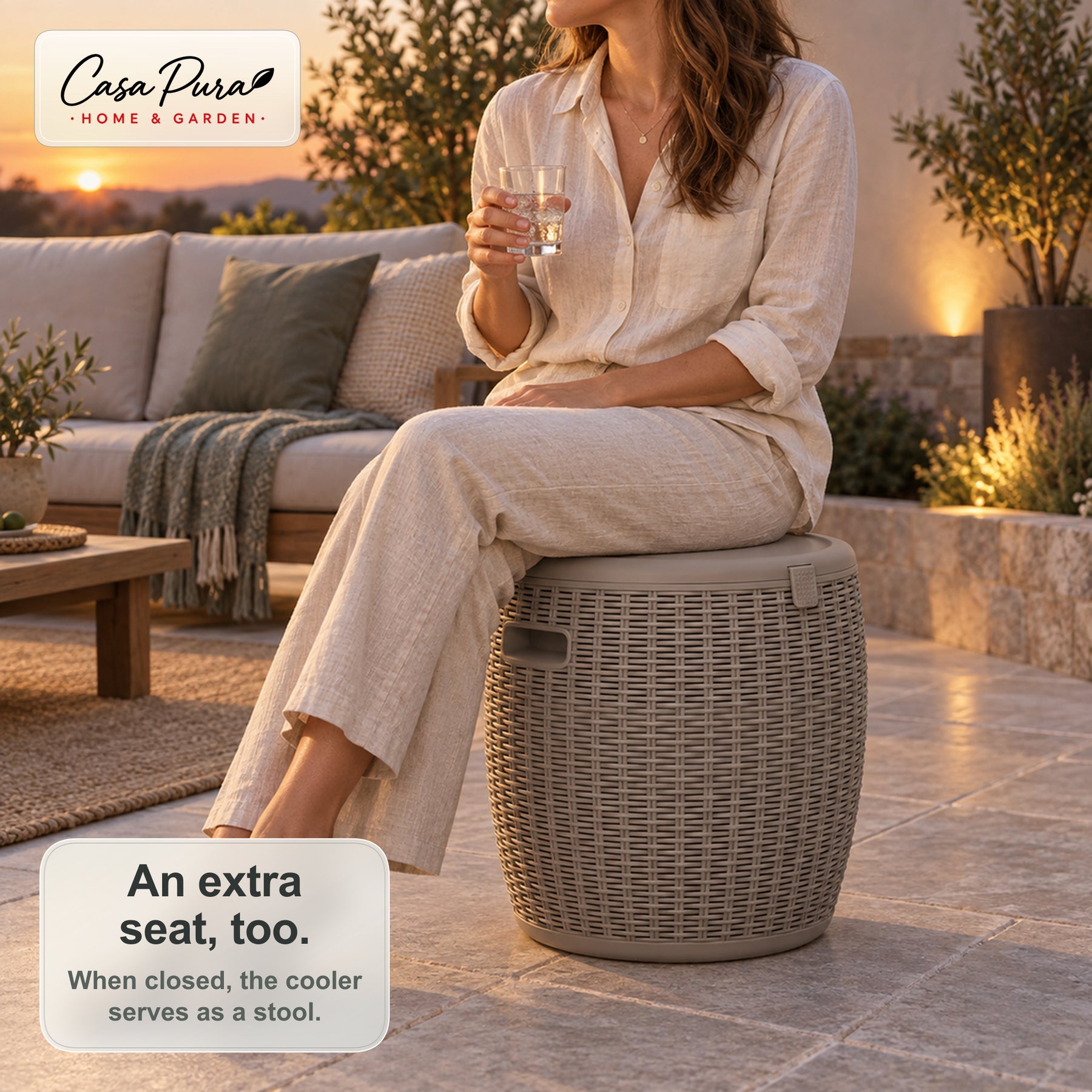 Drinks Cooler | Laguna | 36 L Ice Cooler with Seat & Side Table Function in Rattan Effect | 2 Colours