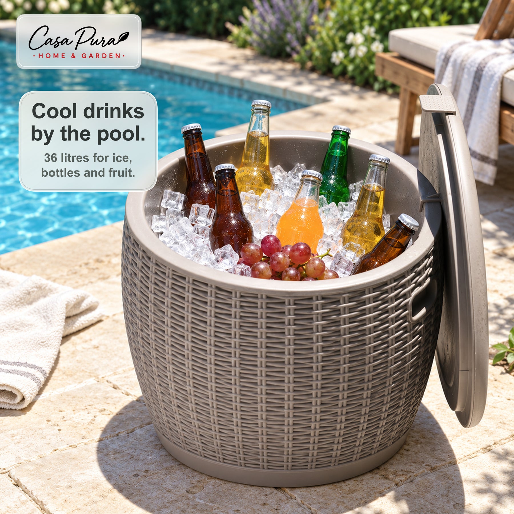 Drinks Cooler | Laguna | 36 L Ice Cooler with Seat & Side Table Function in Rattan Effect | 2 Colours