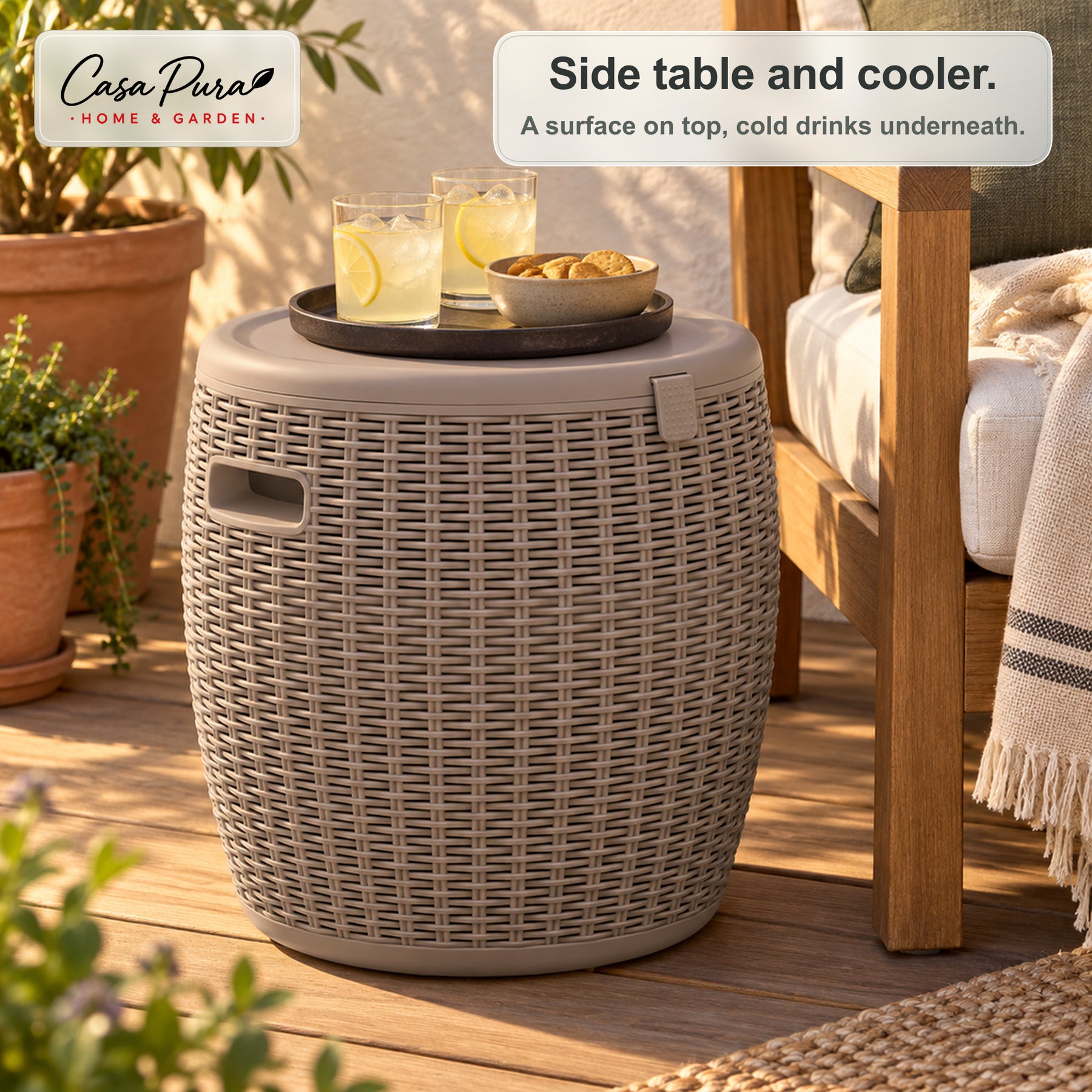 Drinks Cooler | Laguna | 36 L Ice Cooler with Seat & Side Table Function in Rattan Effect | 2 Colours