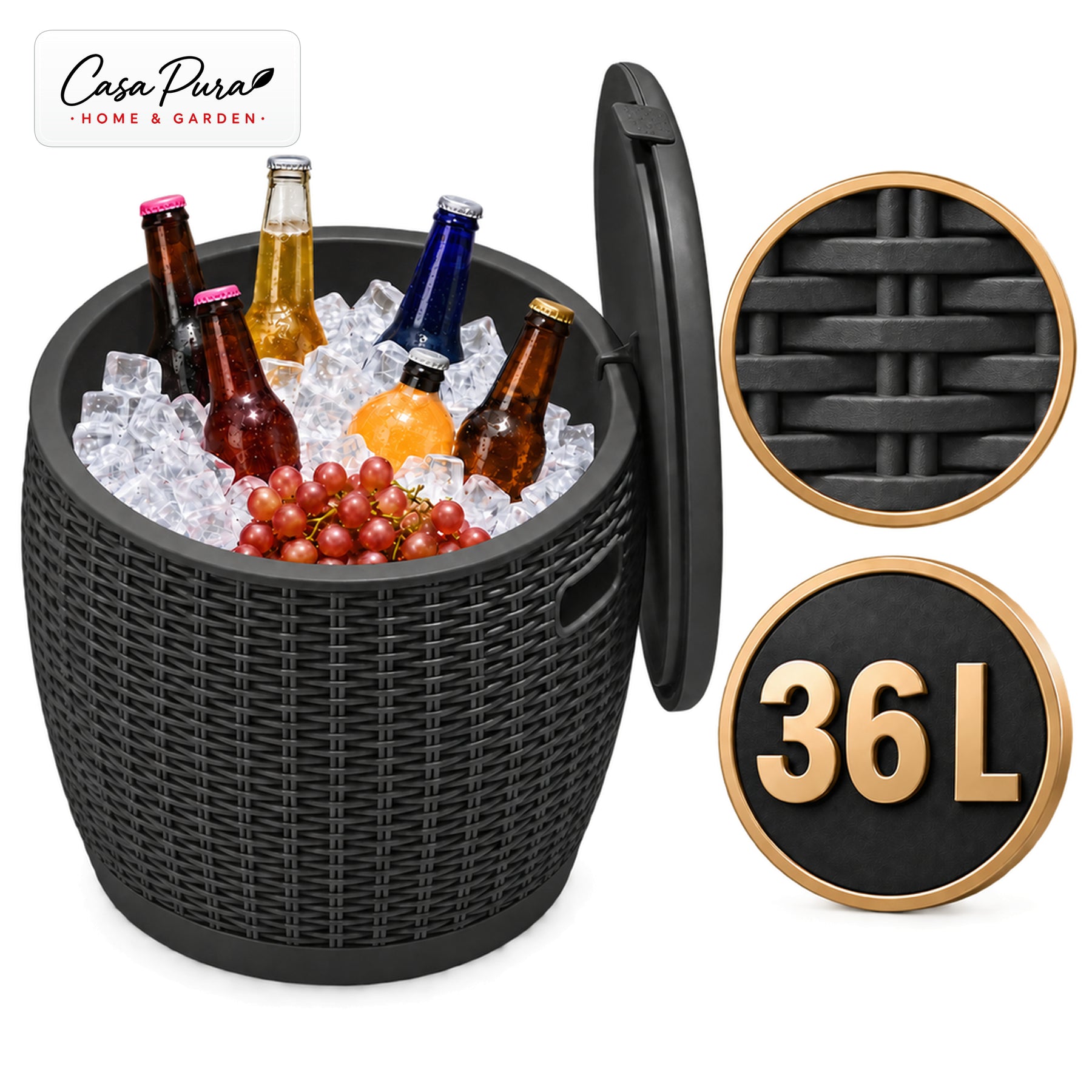 Drinks Cooler | Laguna | 36 L Ice Cooler with Seat & Side Table Function in Rattan Effect | 2 Colours