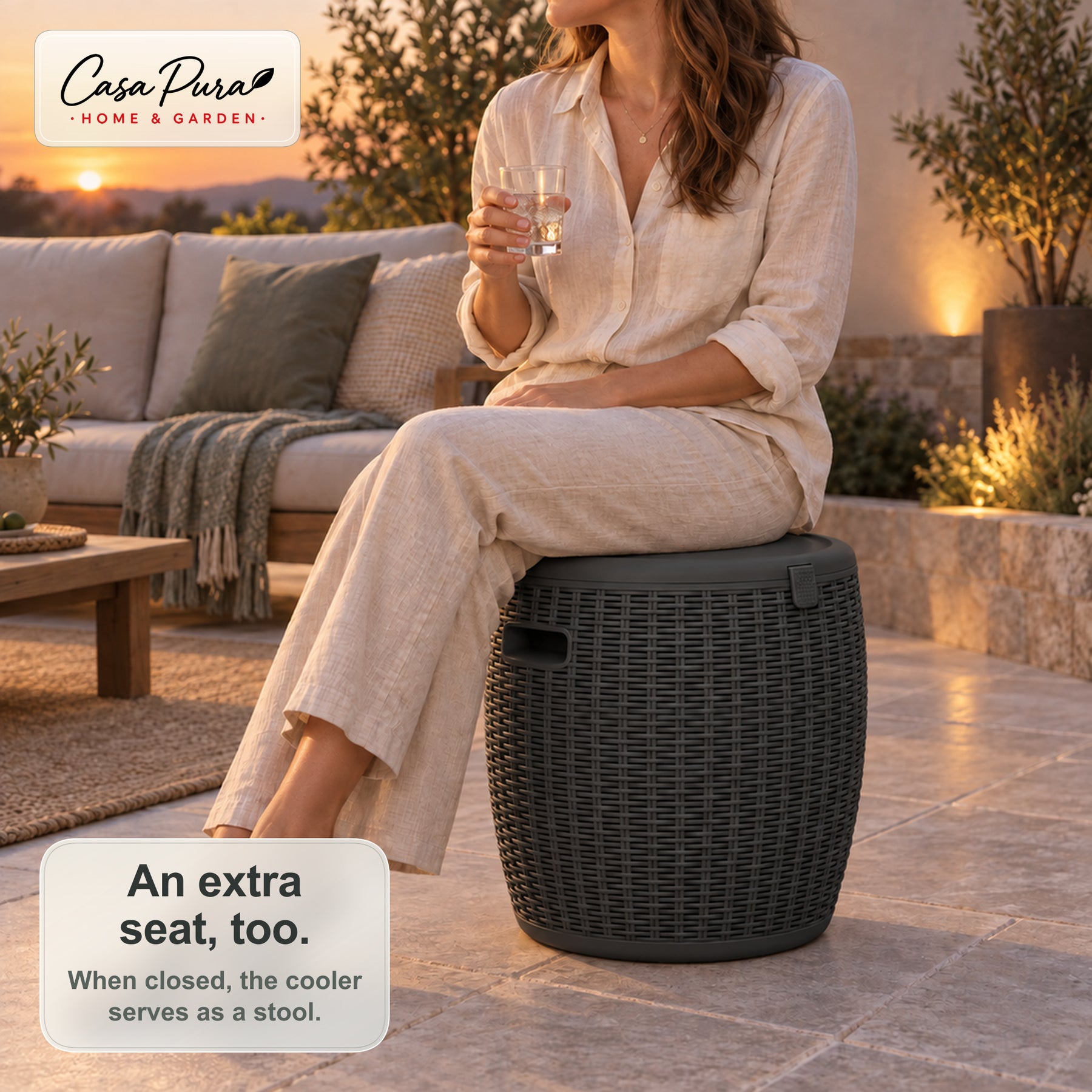 Drinks Cooler | Laguna | 36 L Ice Cooler with Seat & Side Table Function in Rattan Effect | 2 Colours