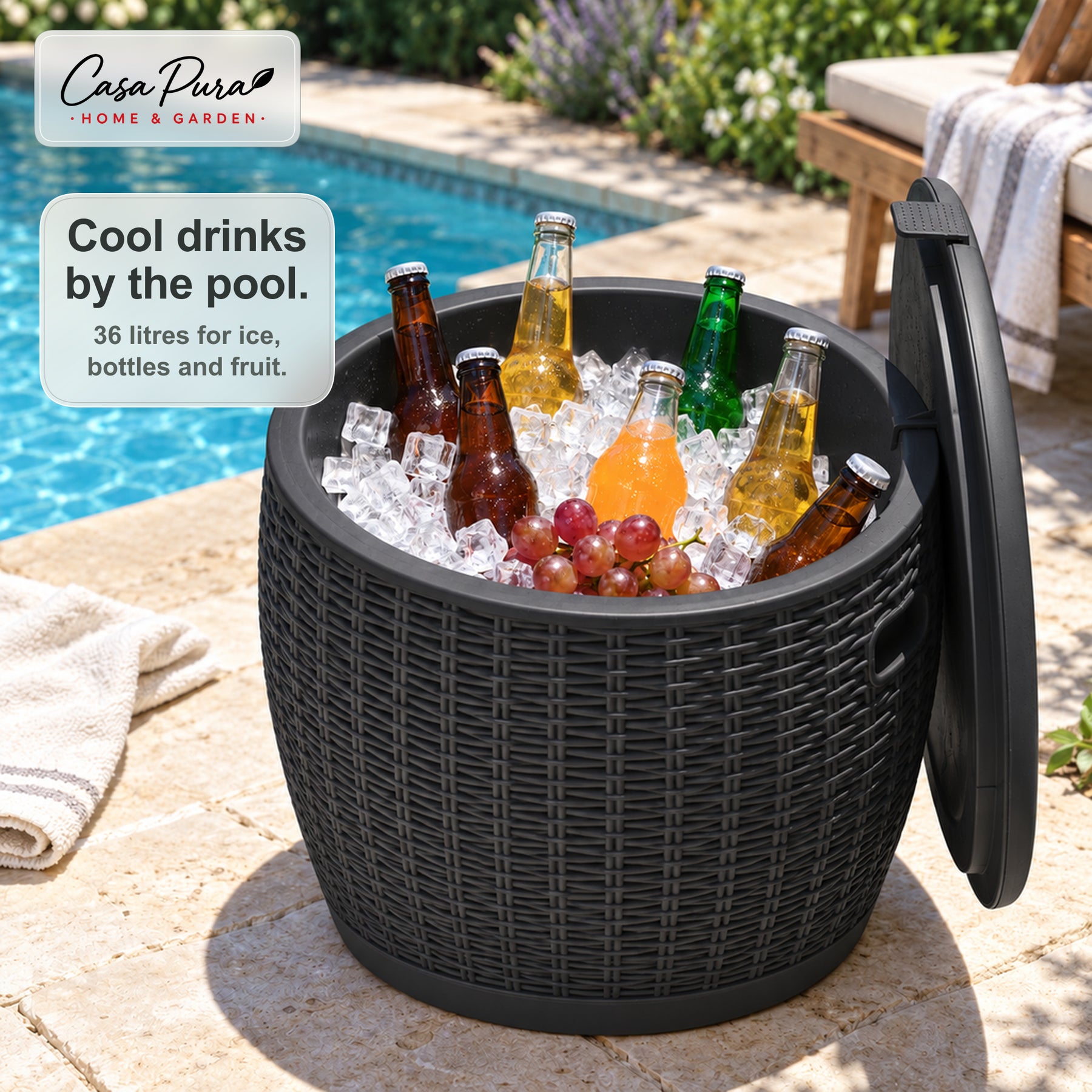 Drinks Cooler | Laguna | 36 L Ice Cooler with Seat & Side Table Function in Rattan Effect | 2 Colours