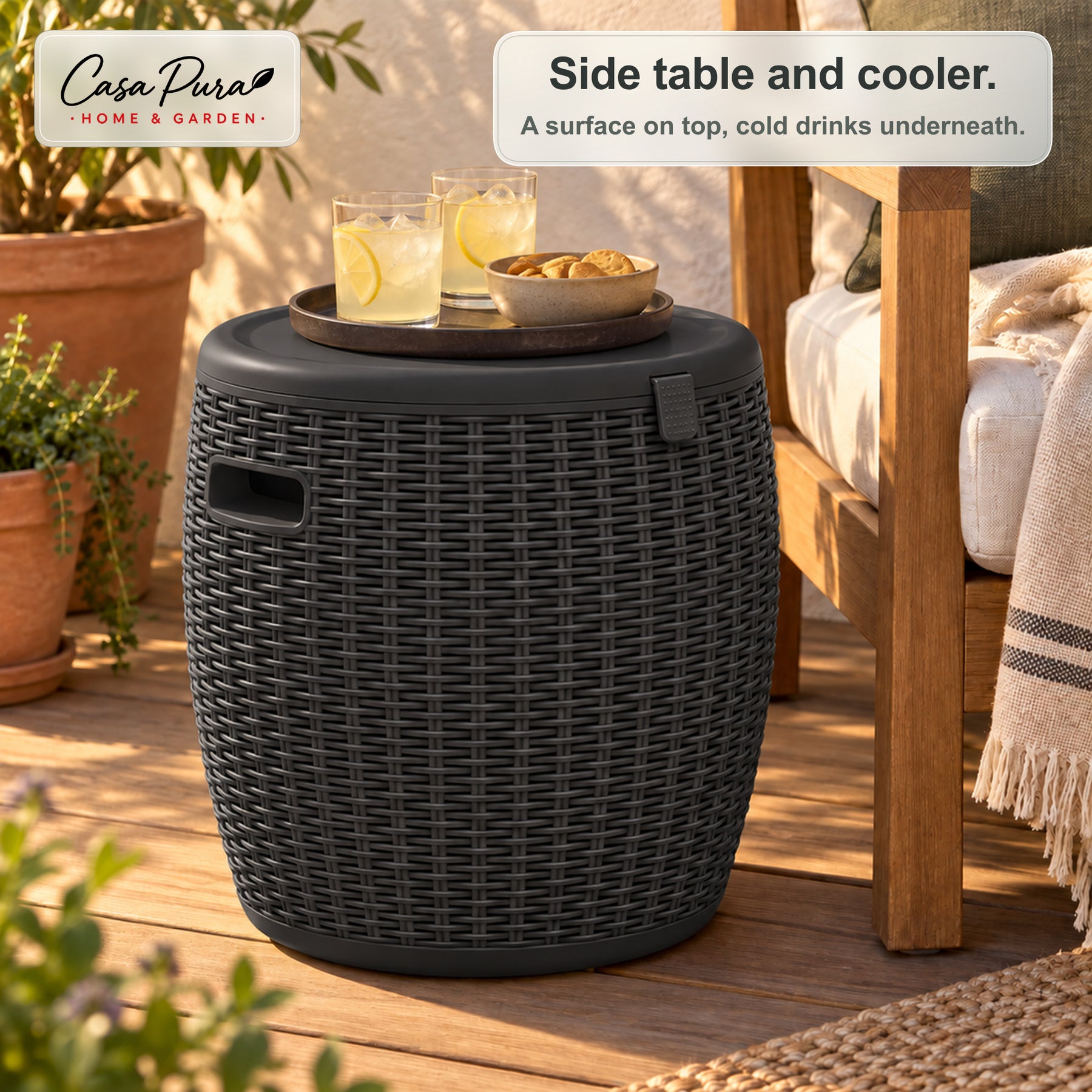 Drinks Cooler | Laguna | 36 L Ice Cooler with Seat & Side Table Function in Rattan Effect | 2 Colours