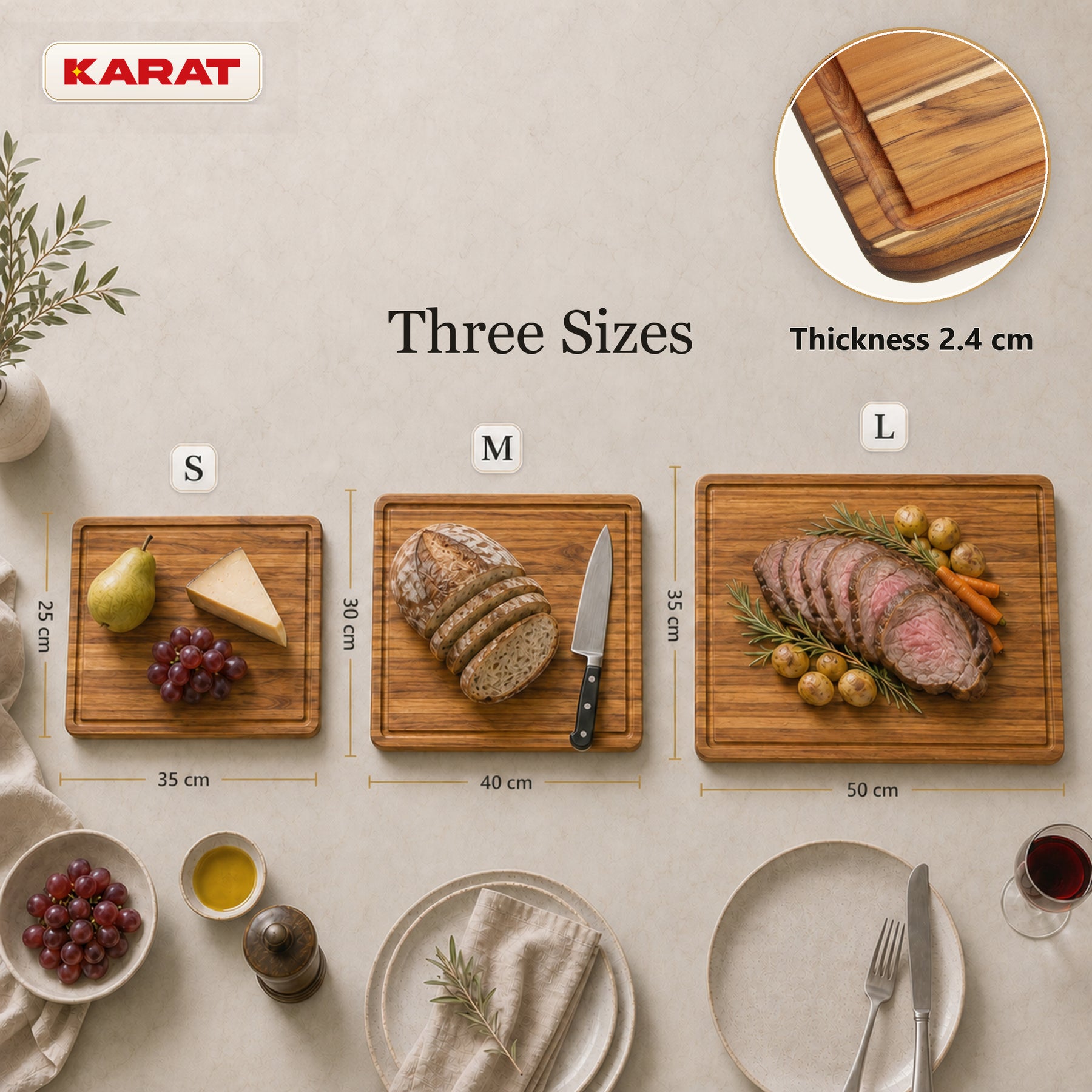 Cutting Board | Maison Teak Edge Grain | Solid Teak Wood with Juice Groove & Handles | 3 Sizes
