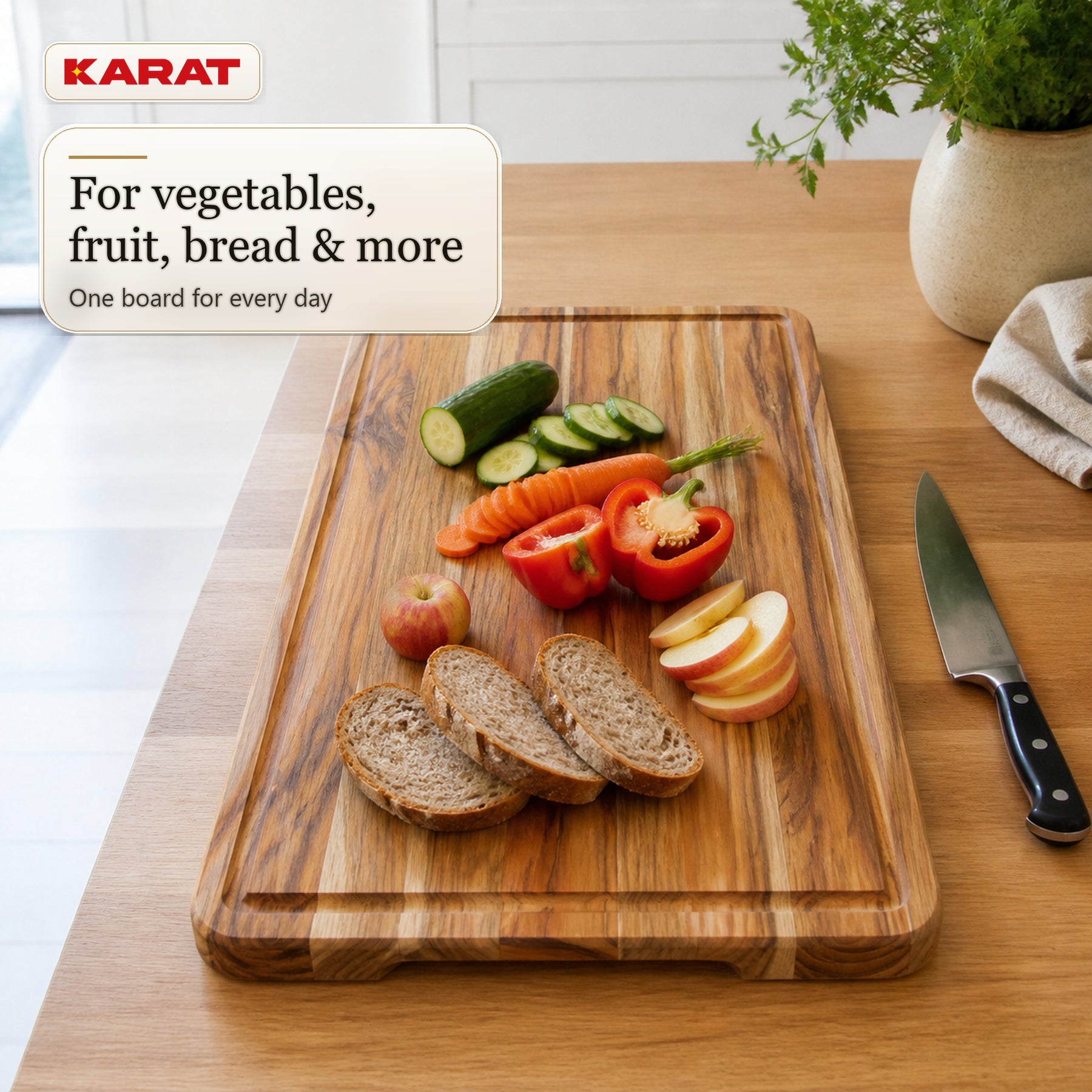 Cutting Board | Maison Teak Edge Grain | Solid Teak Wood with Juice Groove & Handles | 3 Sizes