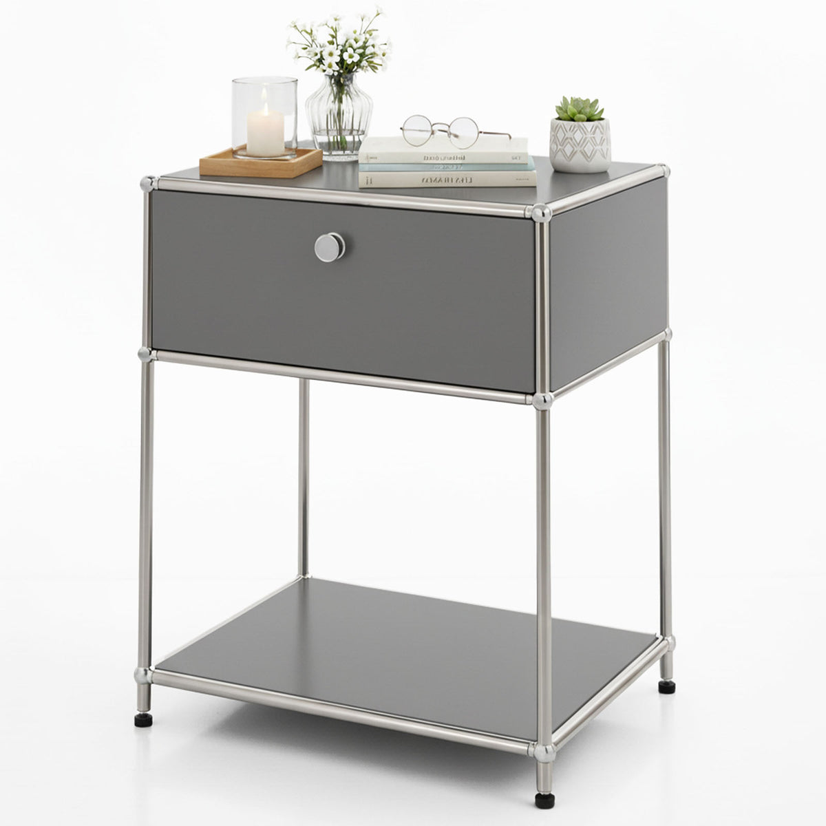 Metal shelving unit | Concept Epure MK-139 | Side table & storage shelf with drawer & shelves | Available in several colours