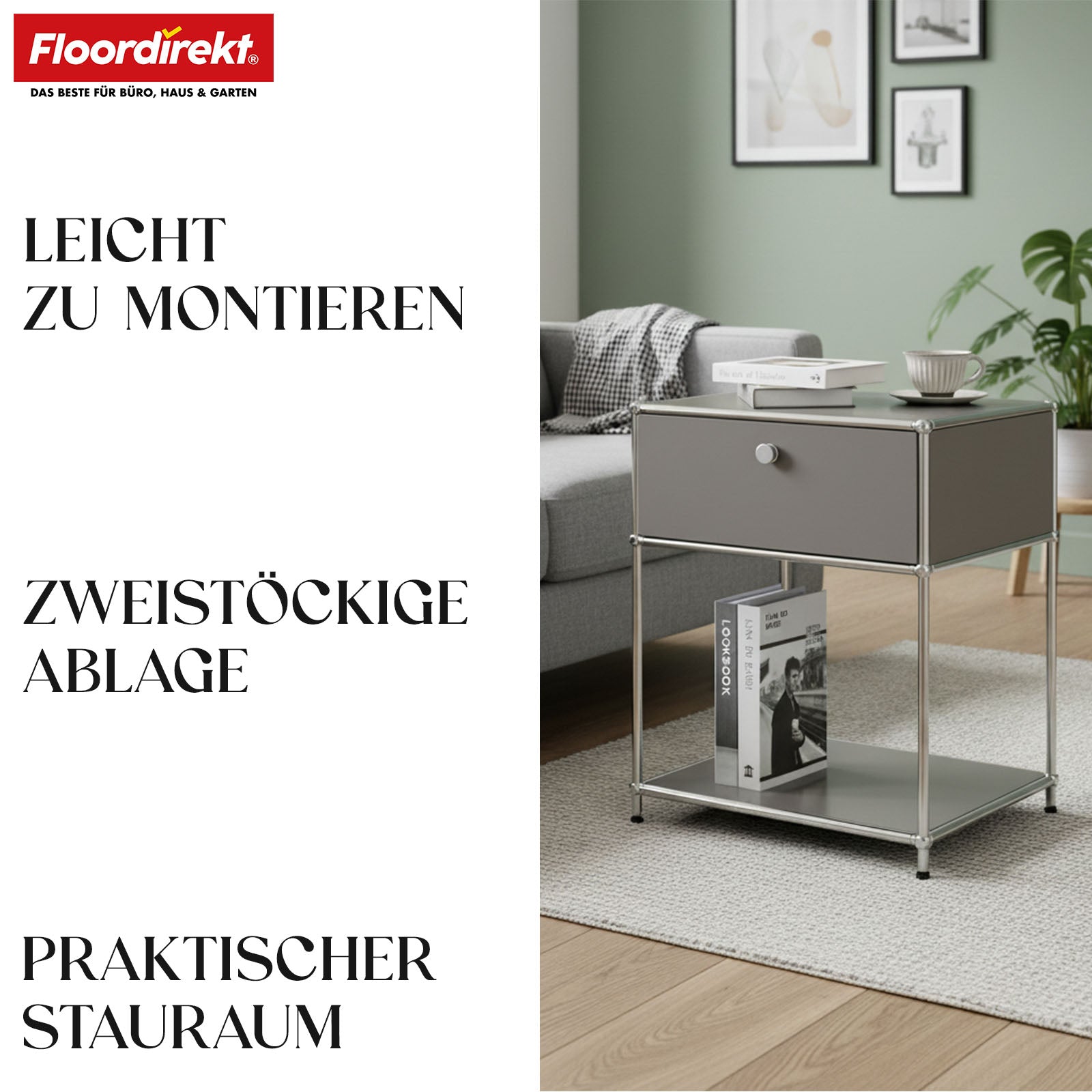 Metal shelving unit | Concept Epure MK-139 | Side table & storage shelf with drawer & shelves | Available in several colours