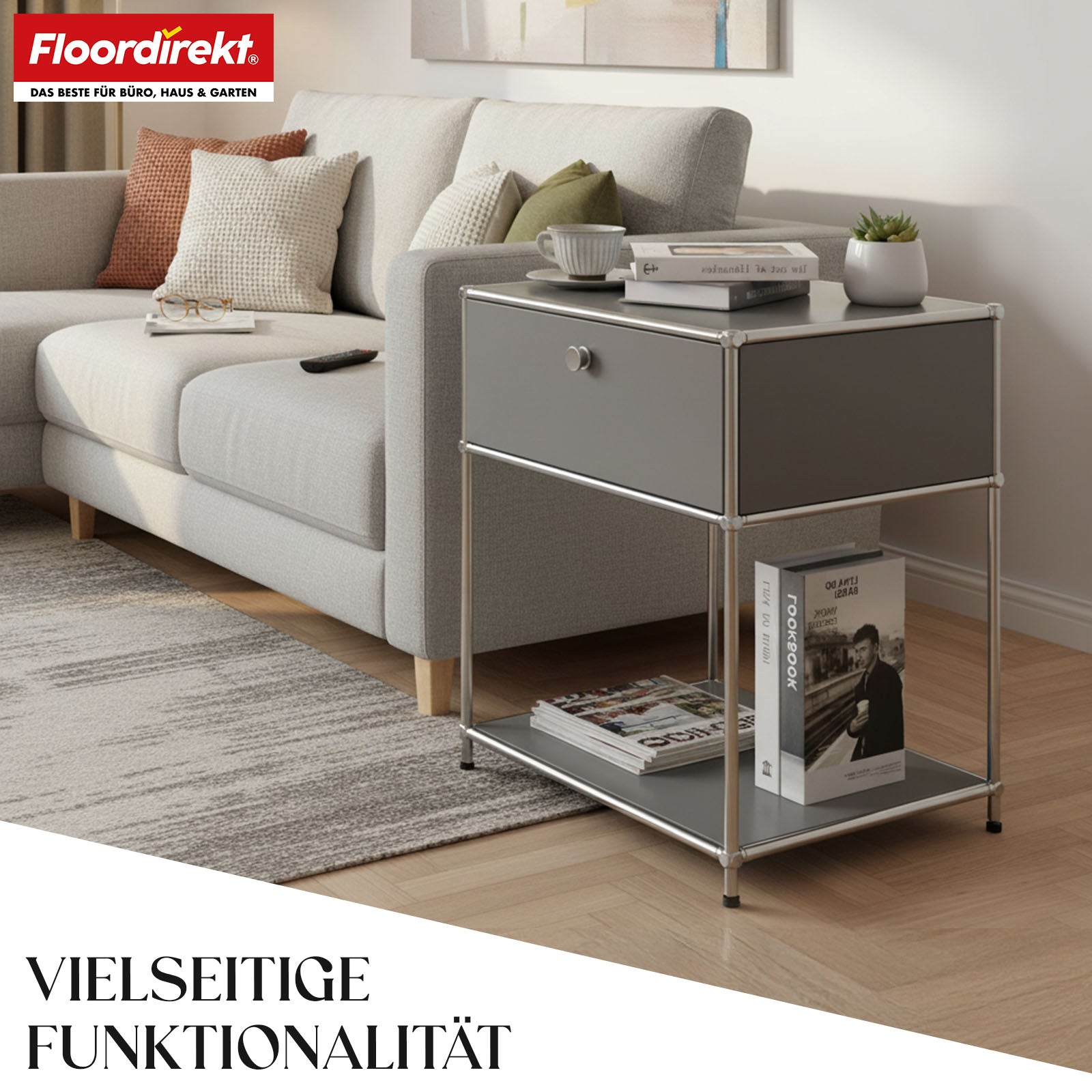 Metal shelving unit | Concept Epure MK-139 | Side table & storage shelf with drawer & shelves | Available in several colours