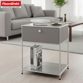 Metal shelving unit | Concept Epure MK-139 | Side table & storage shelf with drawer & shelves | Available in several colours
