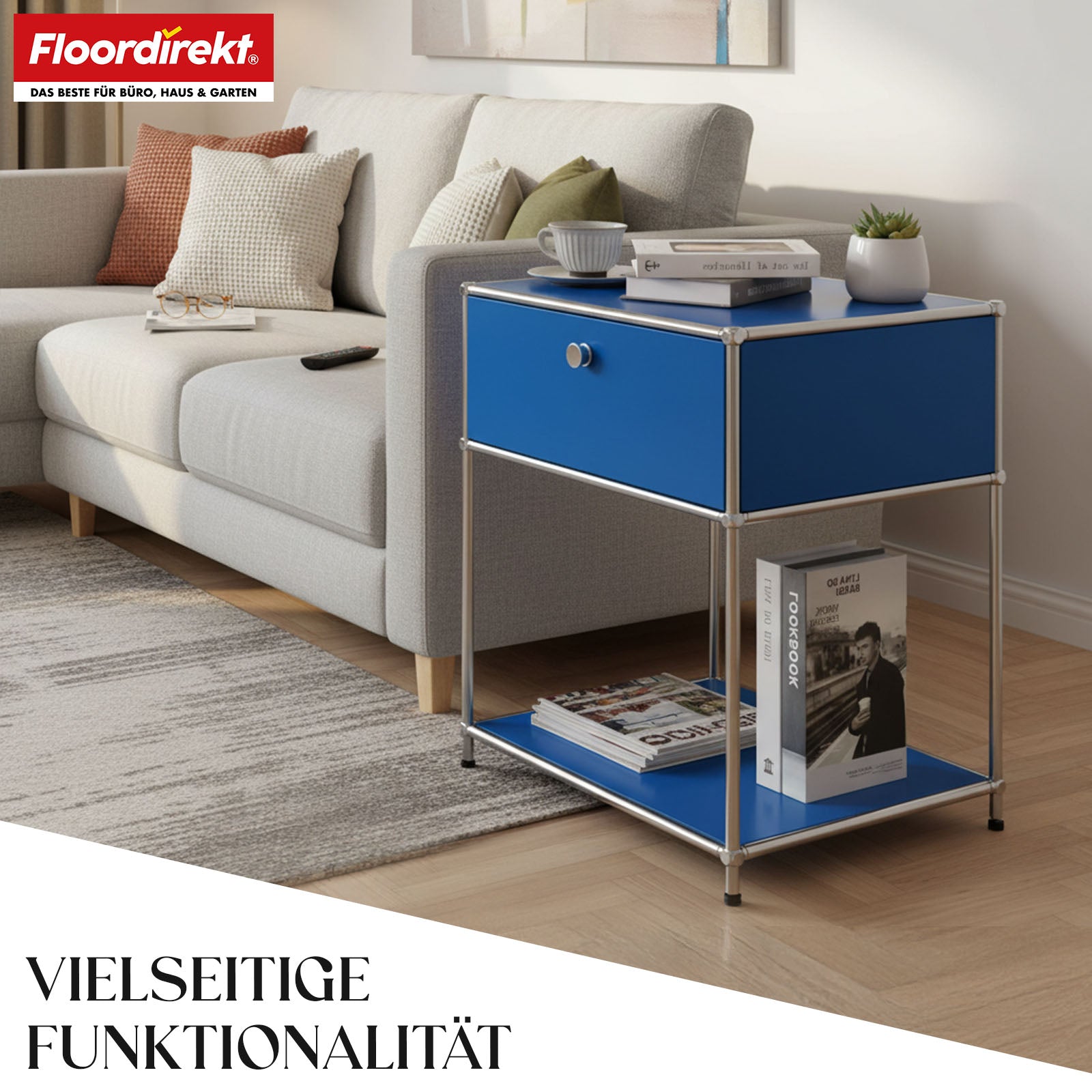 Metal shelving unit | Concept Epure MK-139 | Side table & storage shelf with drawer & shelves | Available in several colours