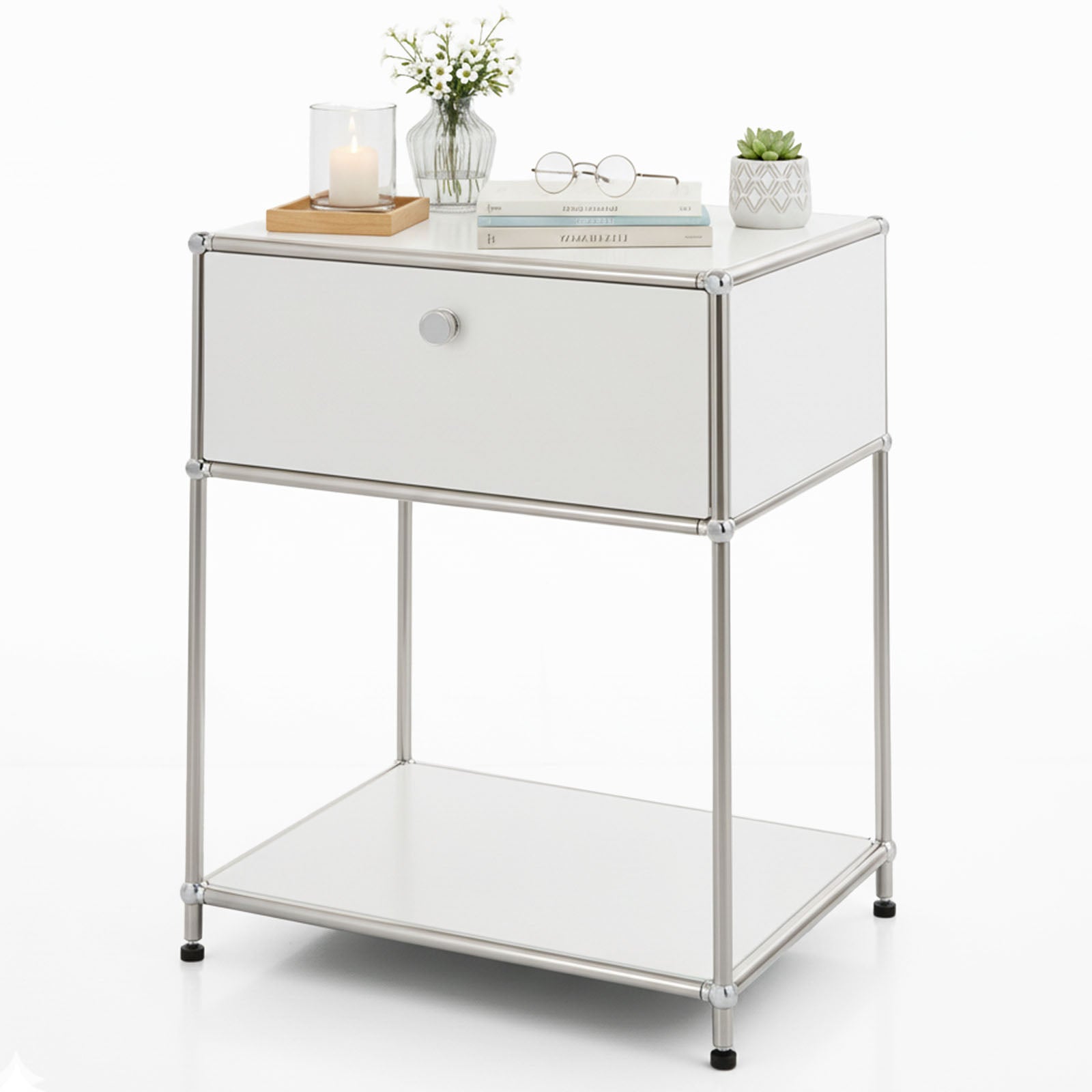 Metal shelving unit | Concept Epure MK-139 | Side table & storage shelf with drawer & shelves | Available in several colours