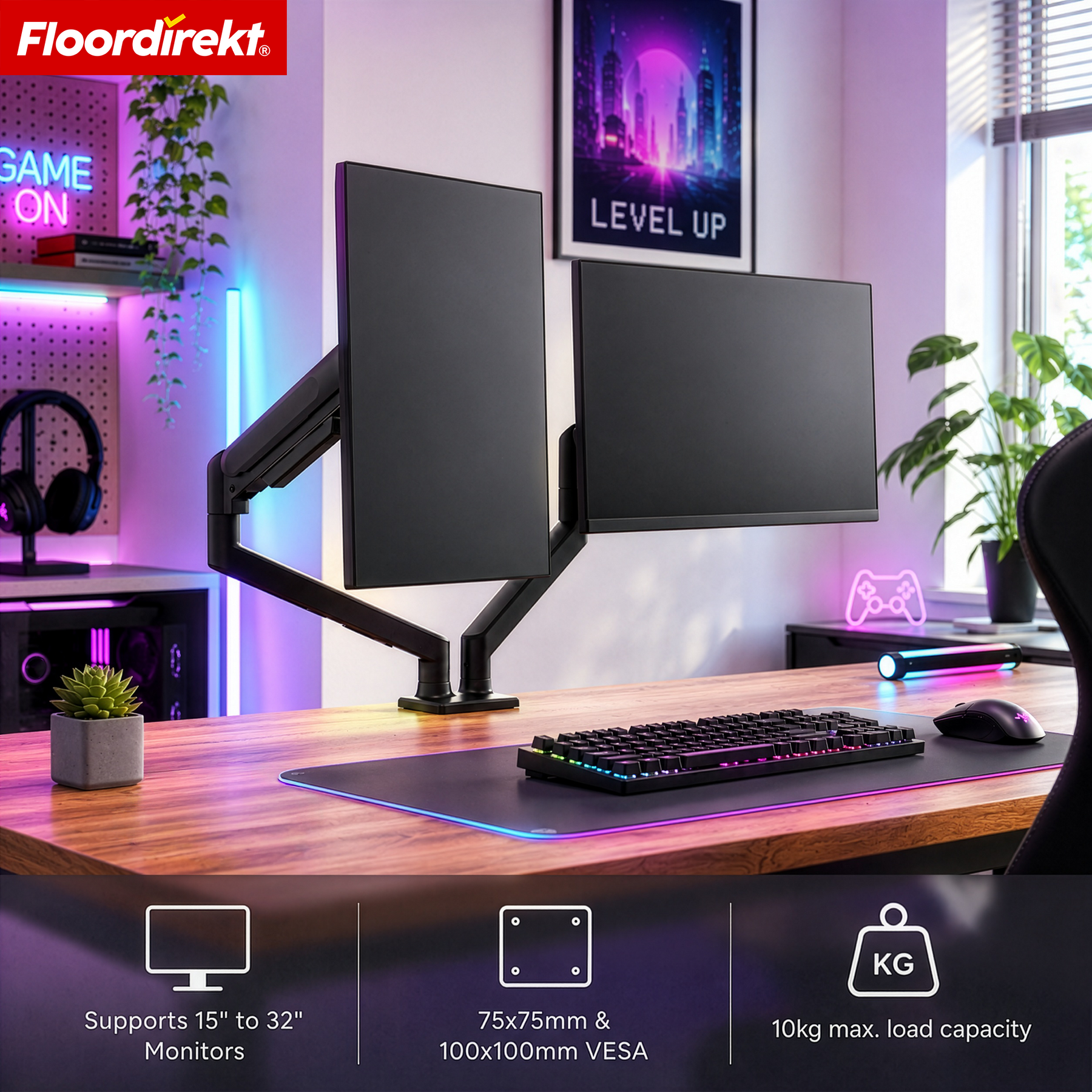 F3_Black - Dual-arm mount for 2 monitors