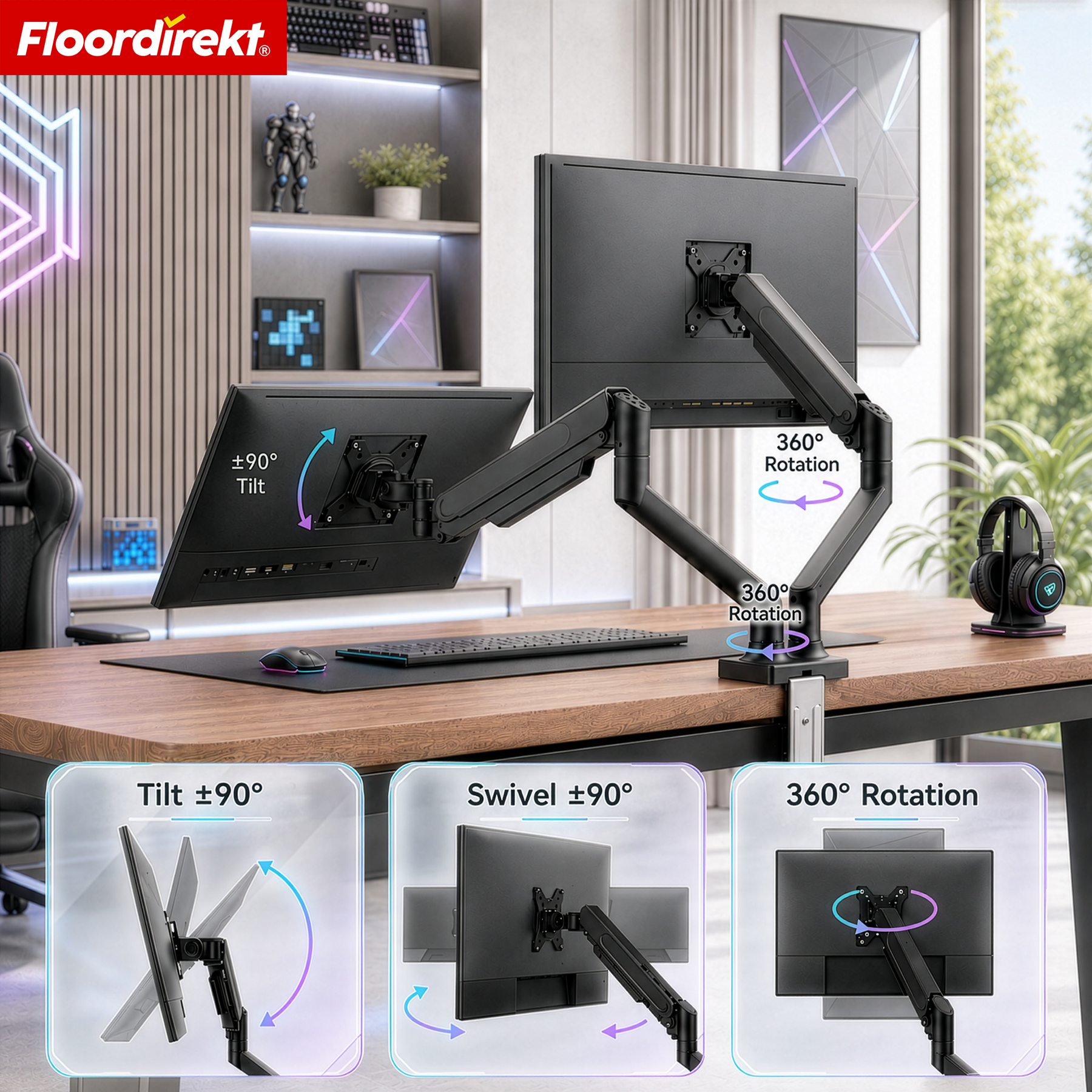 F4_Black - Dual-arm mount for 2 monitors