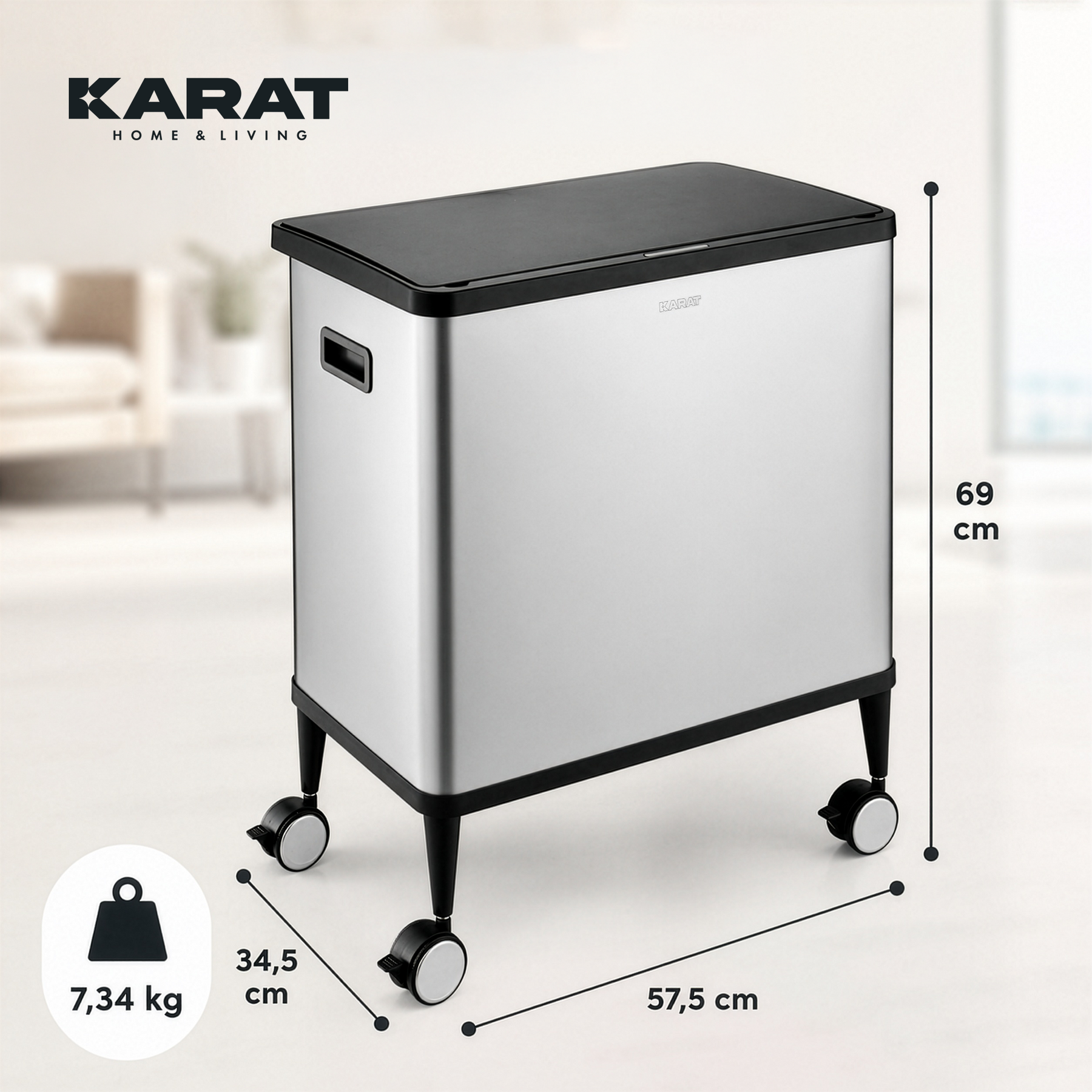 Trash Can | Tyler | Stainless Steel Sensor Bin | 2 × 24 L Dual Compartment | Lockable Wheels