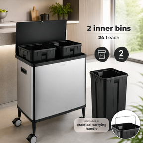 Trash Can | Tyler | Stainless Steel Sensor Bin | 2 × 24 L Dual Compartment | Lockable Wheels