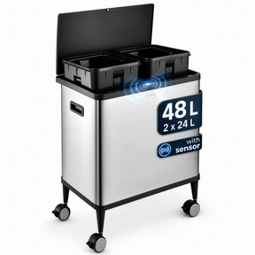 Trash Can | Tyler | Stainless Steel Sensor Bin | 2 × 24 L Dual Compartment | Lockable Wheels