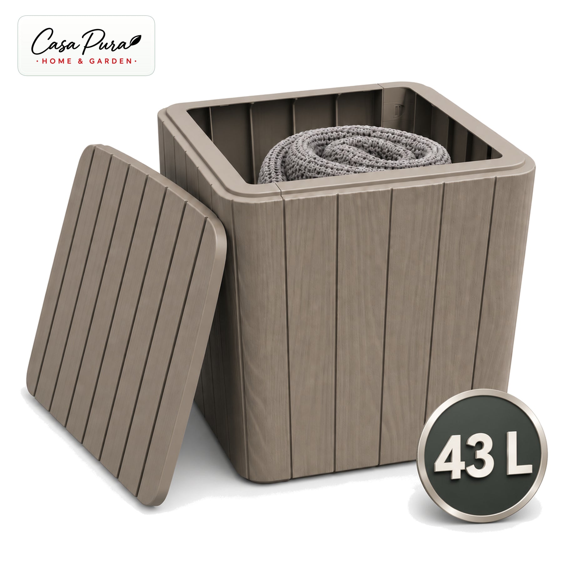Garden Storage Box | Porto | Weather-Resistant 43 L Plastic Storage Box with Wood Effect | Doubles as a Side Table | 2 Colours