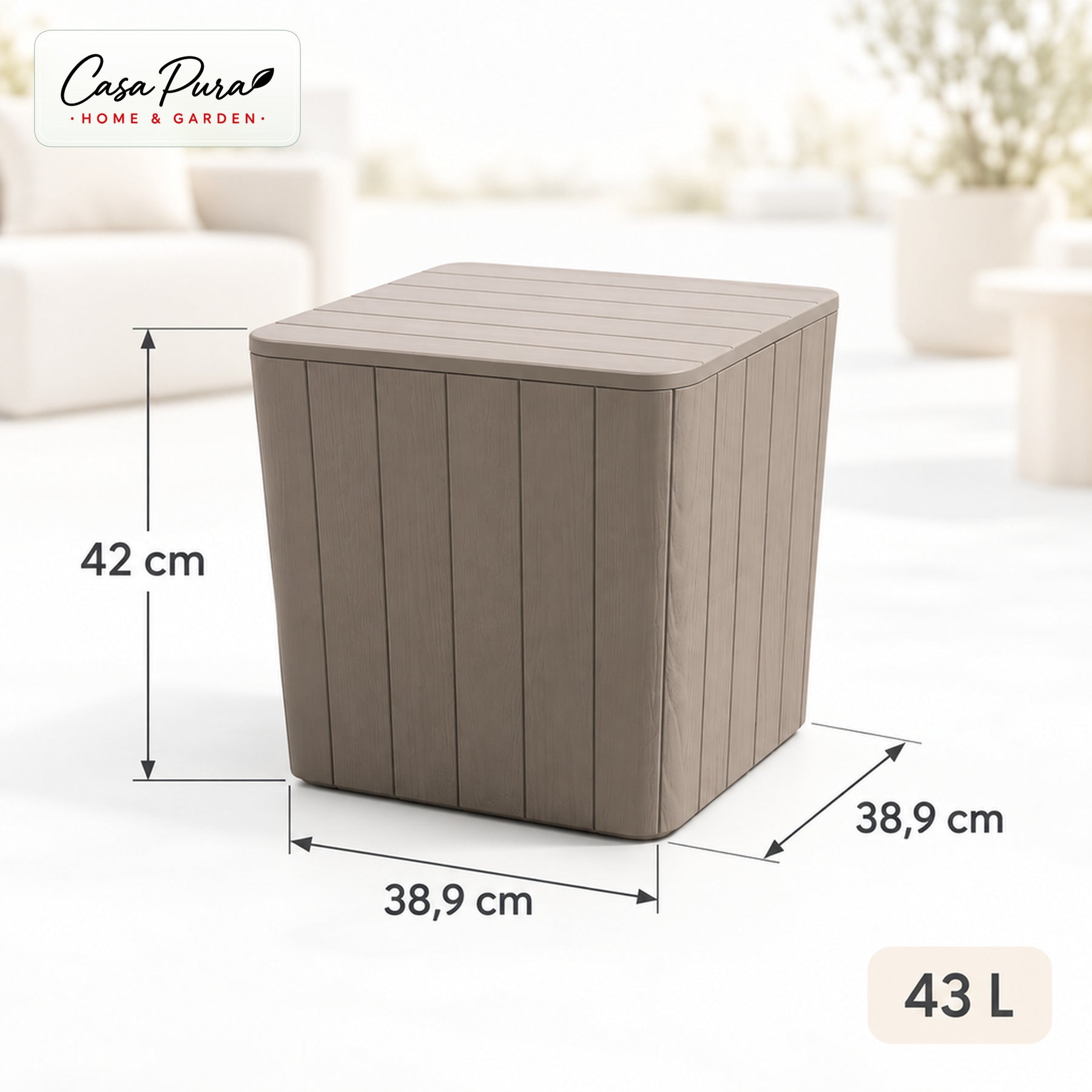 Garden Storage Box | Porto | Weather-Resistant 43 L Plastic Storage Box with Wood Effect | Doubles as a Side Table | 2 Colours