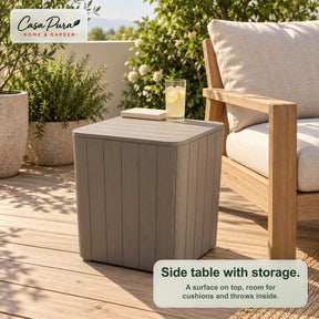 Garden Storage Box | Porto | Weather-Resistant 43 L Plastic Storage Box with Wood Effect | Doubles as a Side Table | 2 Colours