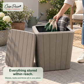 Garden Storage Box | Porto | Weather-Resistant 43 L Plastic Storage Box with Wood Effect | Doubles as a Side Table | 2 Colours