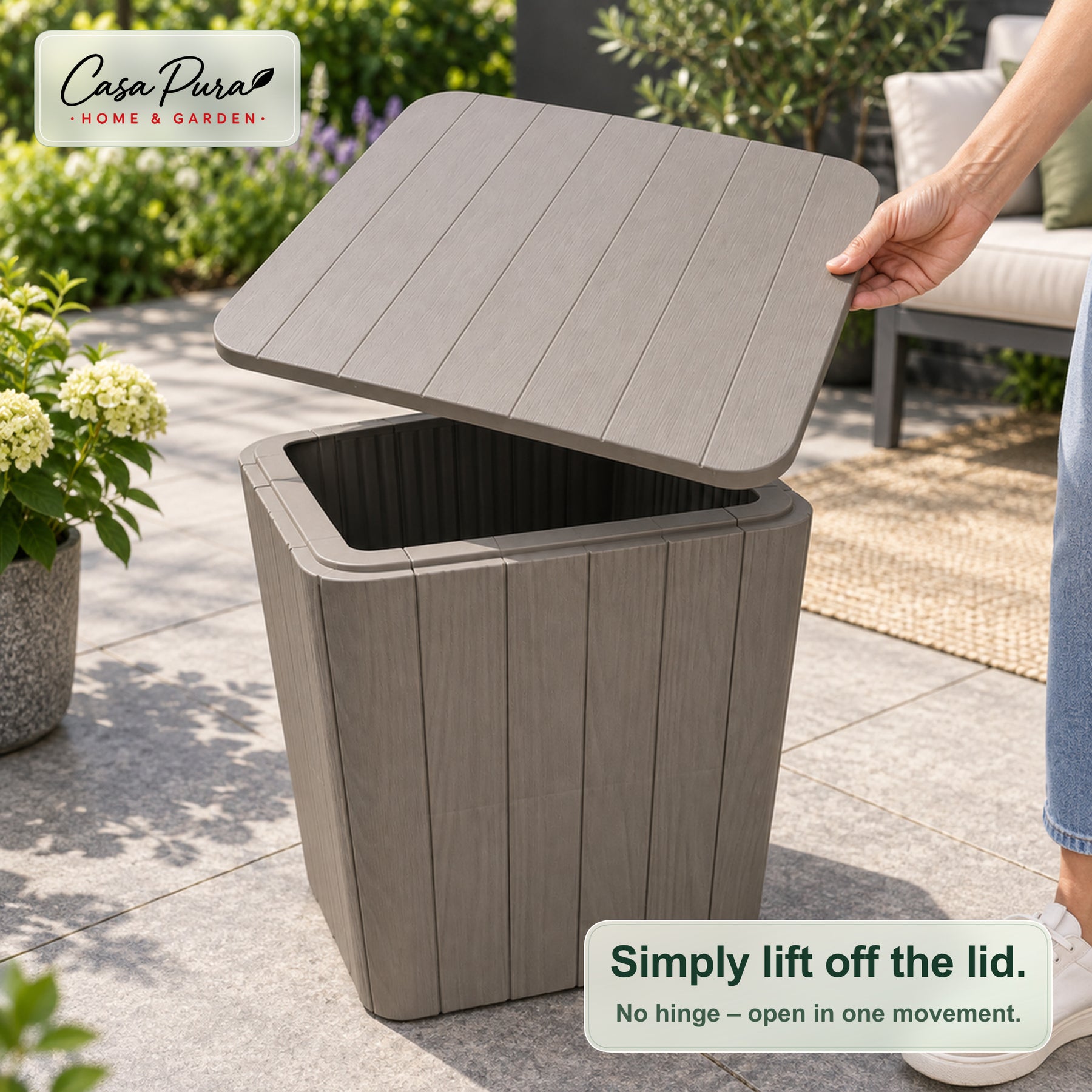 Garden Storage Box | Porto | Weather-Resistant 43 L Plastic Storage Box with Wood Effect | Doubles as a Side Table | 2 Colours