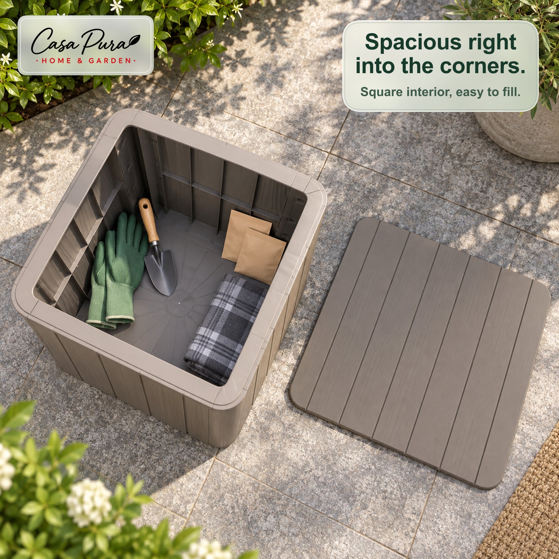 Garden Storage Box | Porto | Weather-Resistant 43 L Plastic Storage Box with Wood Effect | Doubles as a Side Table | 2 Colours