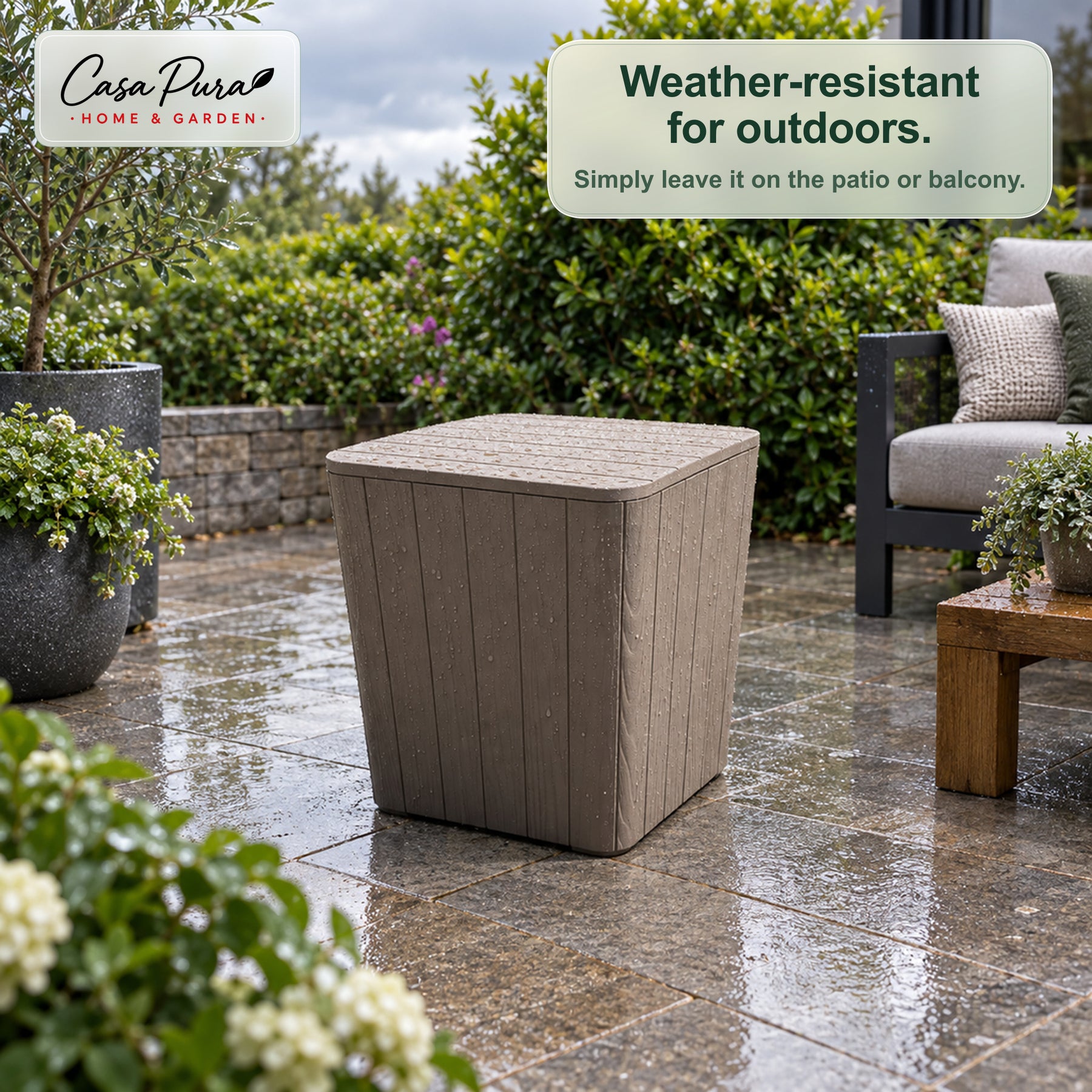 Garden Storage Box | Porto | Weather-Resistant 43 L Plastic Storage Box with Wood Effect | Doubles as a Side Table | 2 Colours