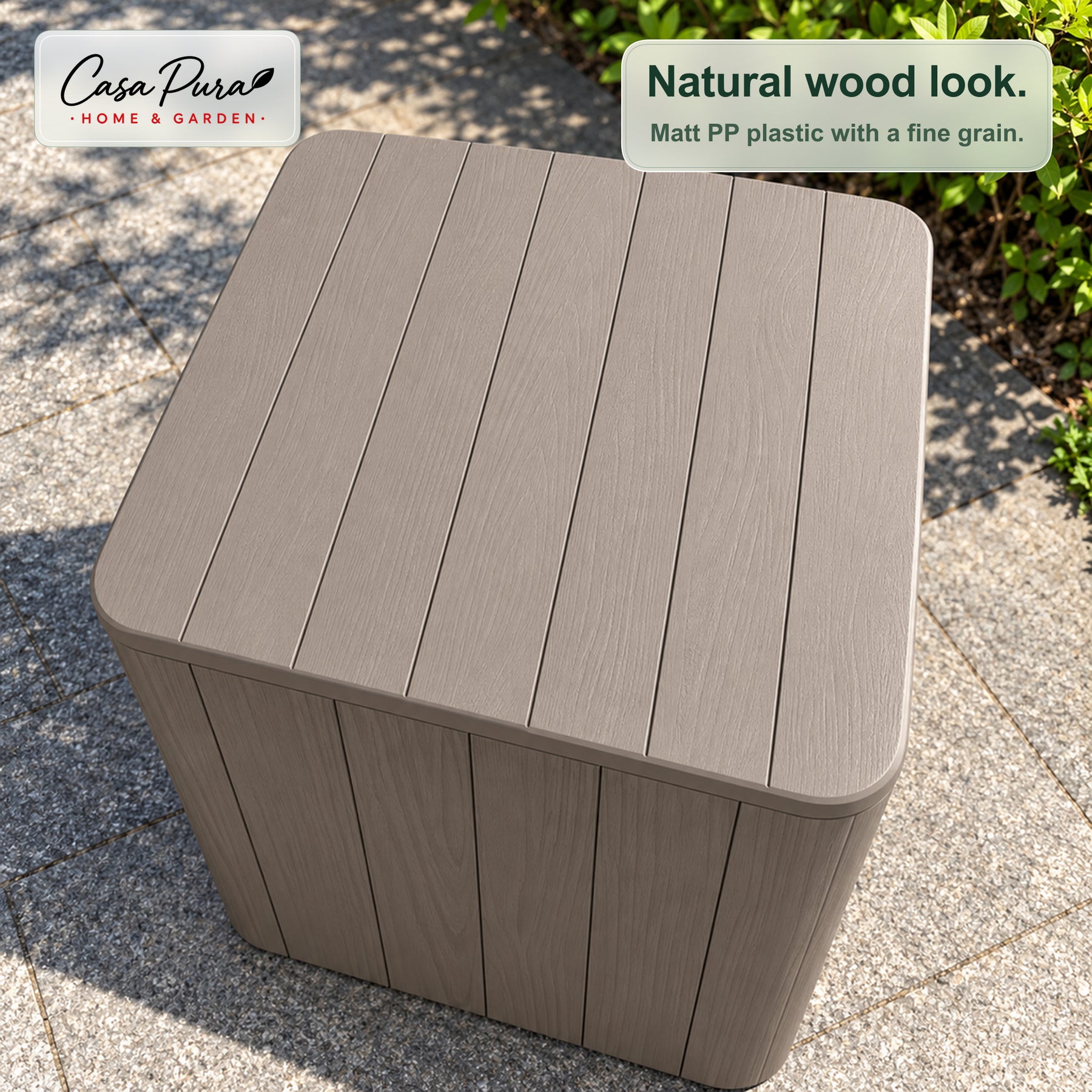 Garden Storage Box | Porto | Weather-Resistant 43 L Plastic Storage Box with Wood Effect | Doubles as a Side Table | 2 Colours