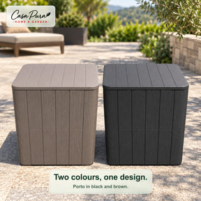 Garden Storage Box | Porto | Weather-Resistant 43 L Plastic Storage Box with Wood Effect | Doubles as a Side Table | 2 Colours