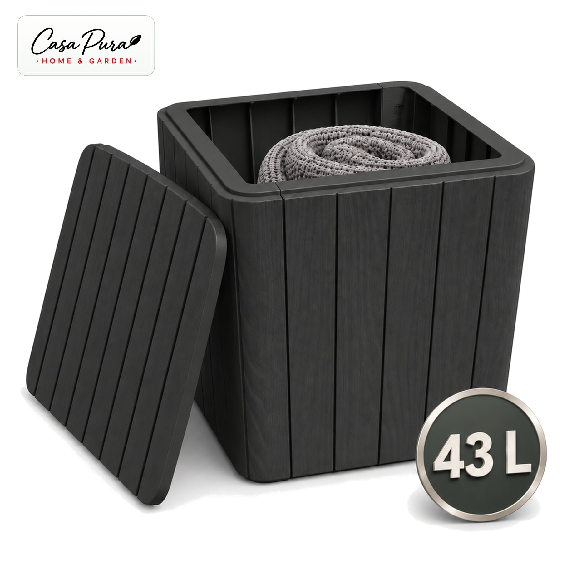 Garden Storage Box | Porto | Weather-Resistant 43 L Plastic Storage Box with Wood Effect | Doubles as a Side Table | 2 Colours